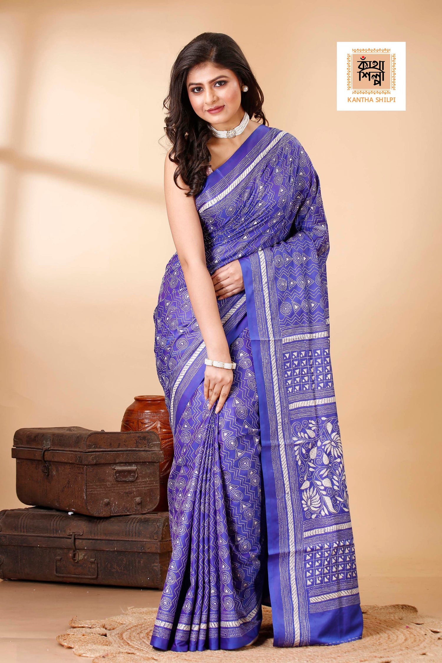 Bangalore Silk Single Thread Work Kantha Stitch Saree