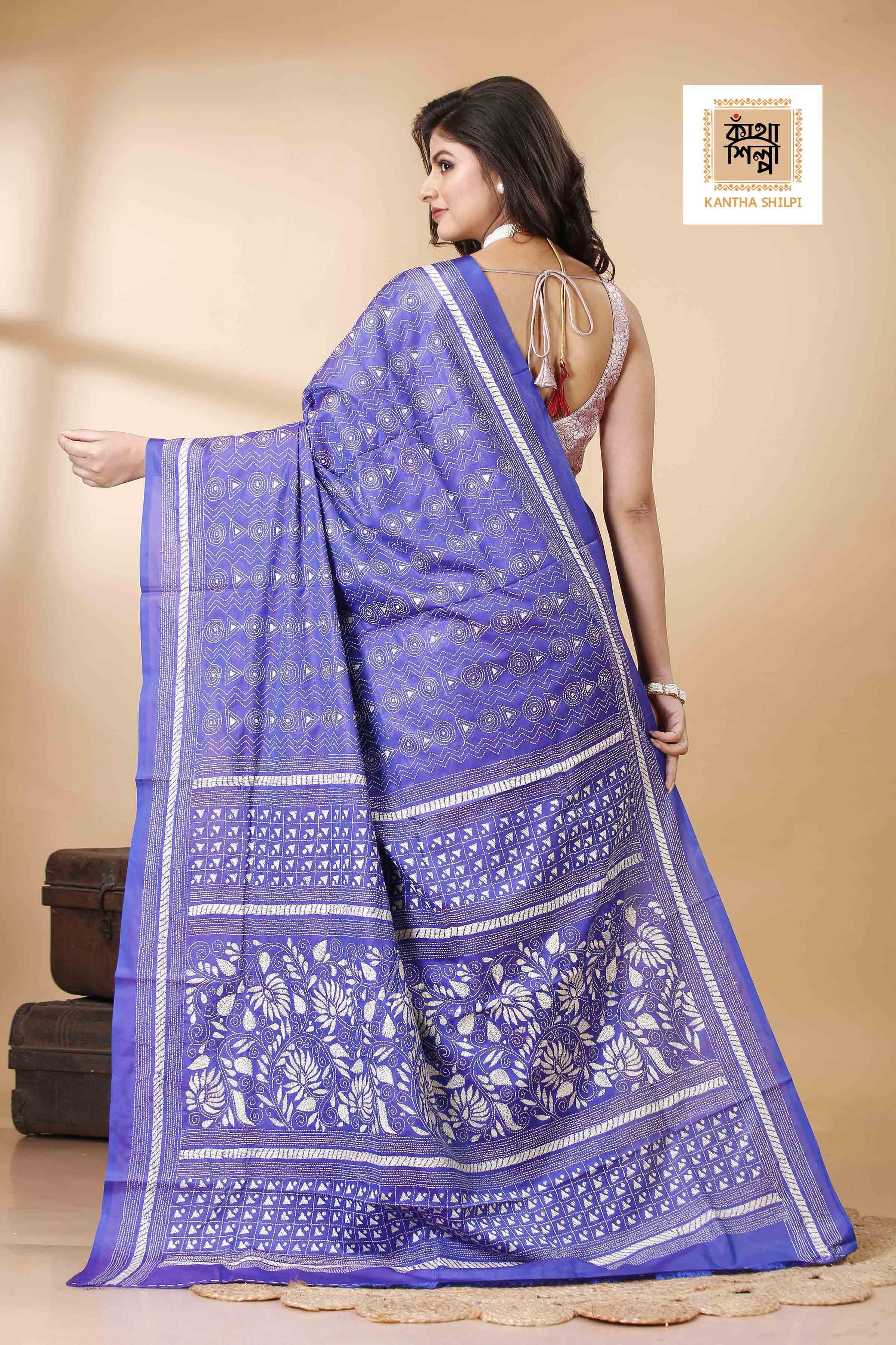 Bangalore Silk Single Thread Work Kantha Stitch Saree