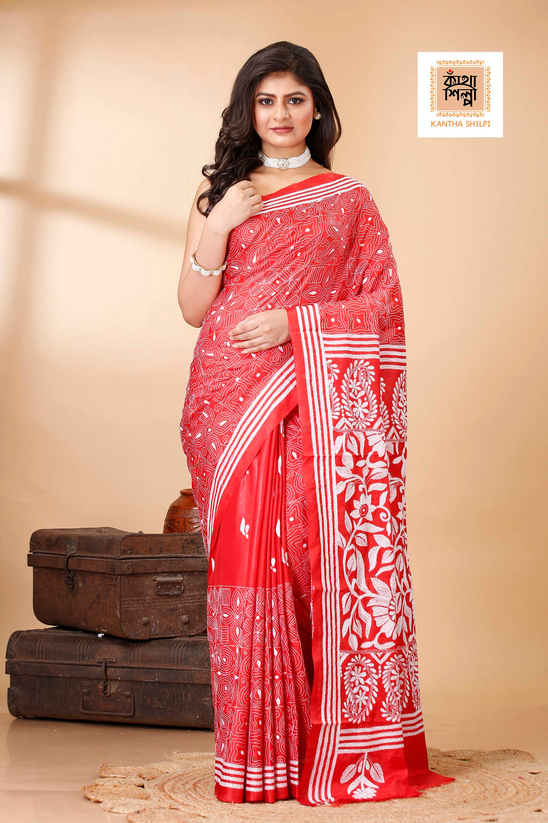 Bangalore Silk White Thread Work Floral Design Kantha Stitch Saree