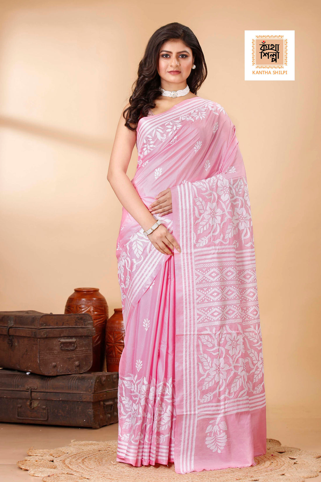 Bangalore Silk White Thread Work Floral Motif Kantha Stitch Saree