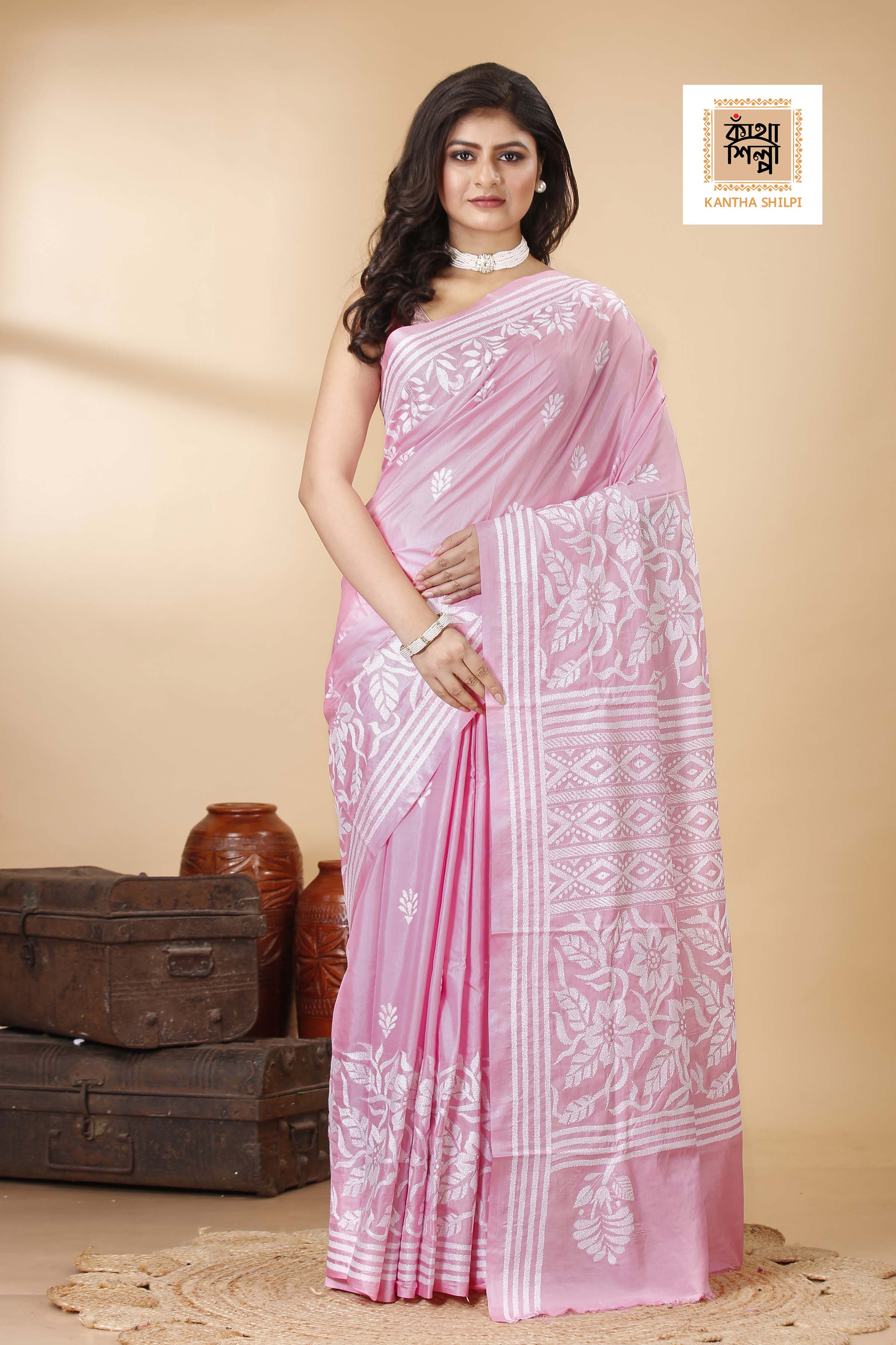 Bangalore Silk White Thread Work Floral Motif Kantha Stitch Saree