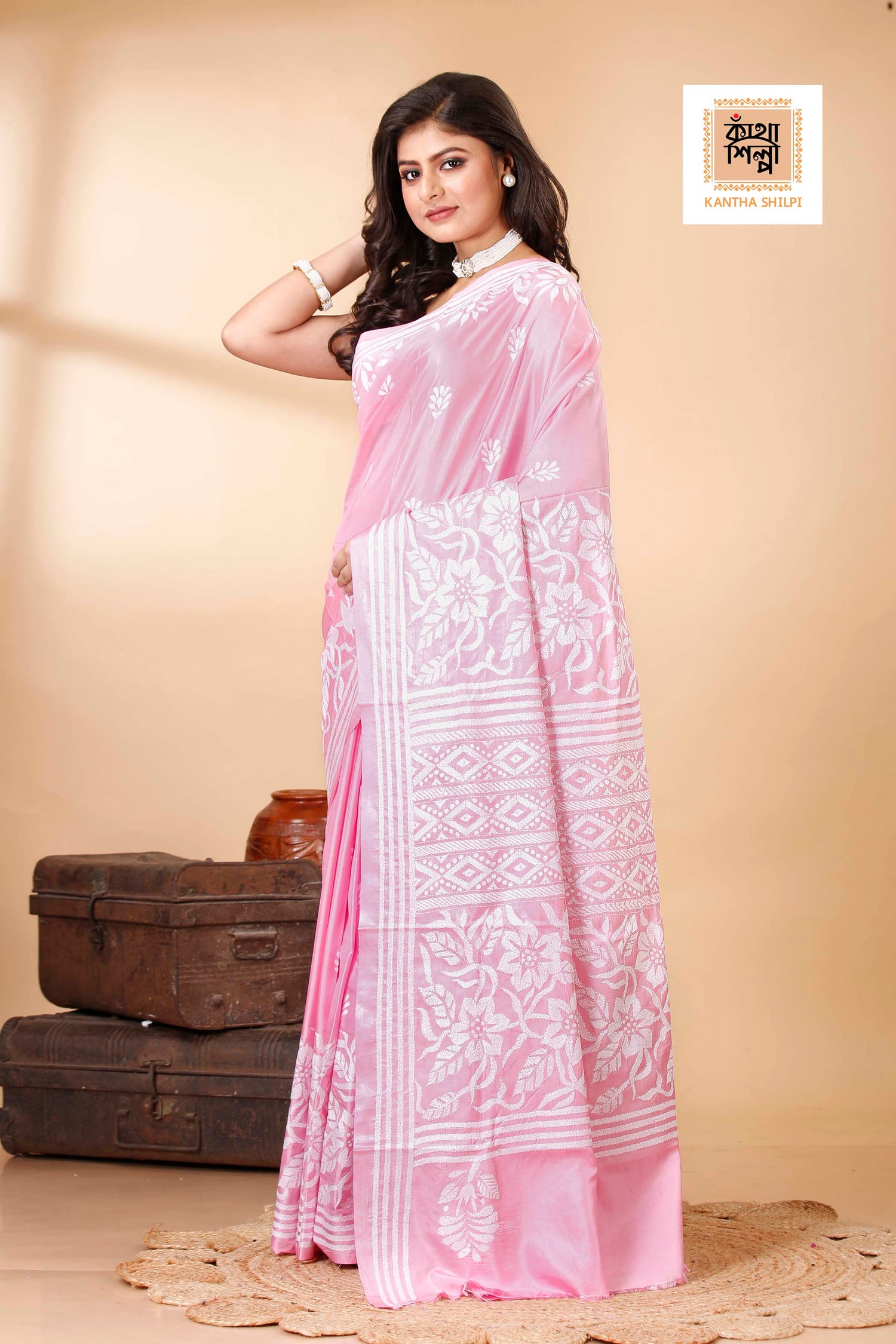 Bangalore Silk White Thread Work Floral Motif Kantha Stitch Saree