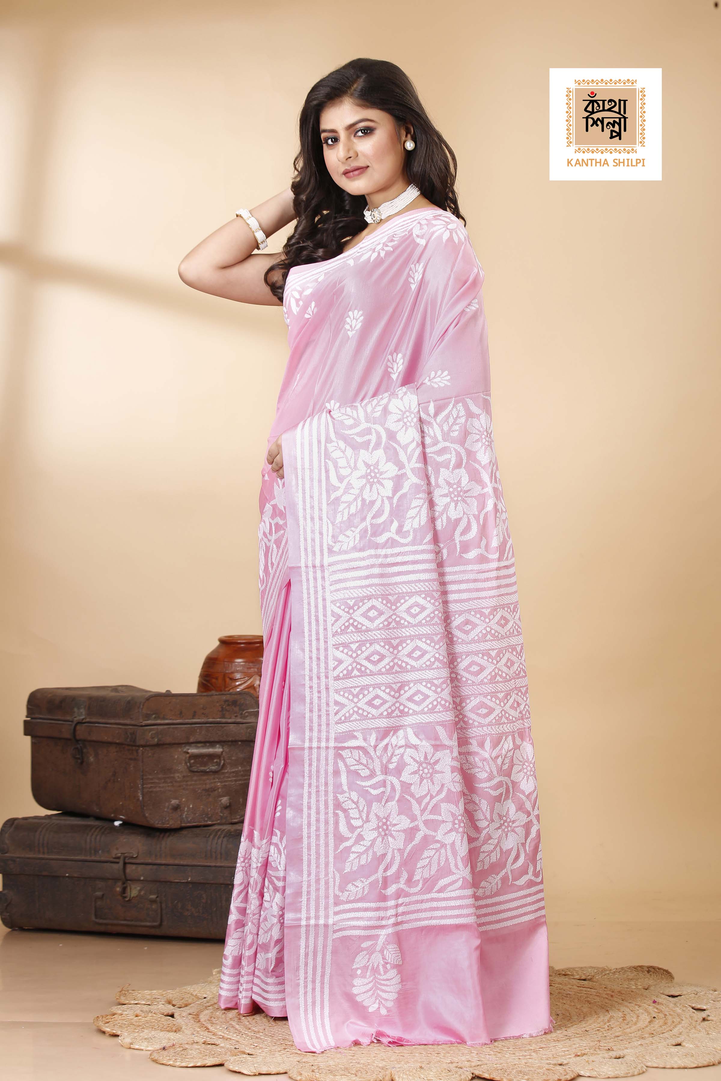 Bangalore Silk White Thread Work Floral Motif Kantha Stitch Saree