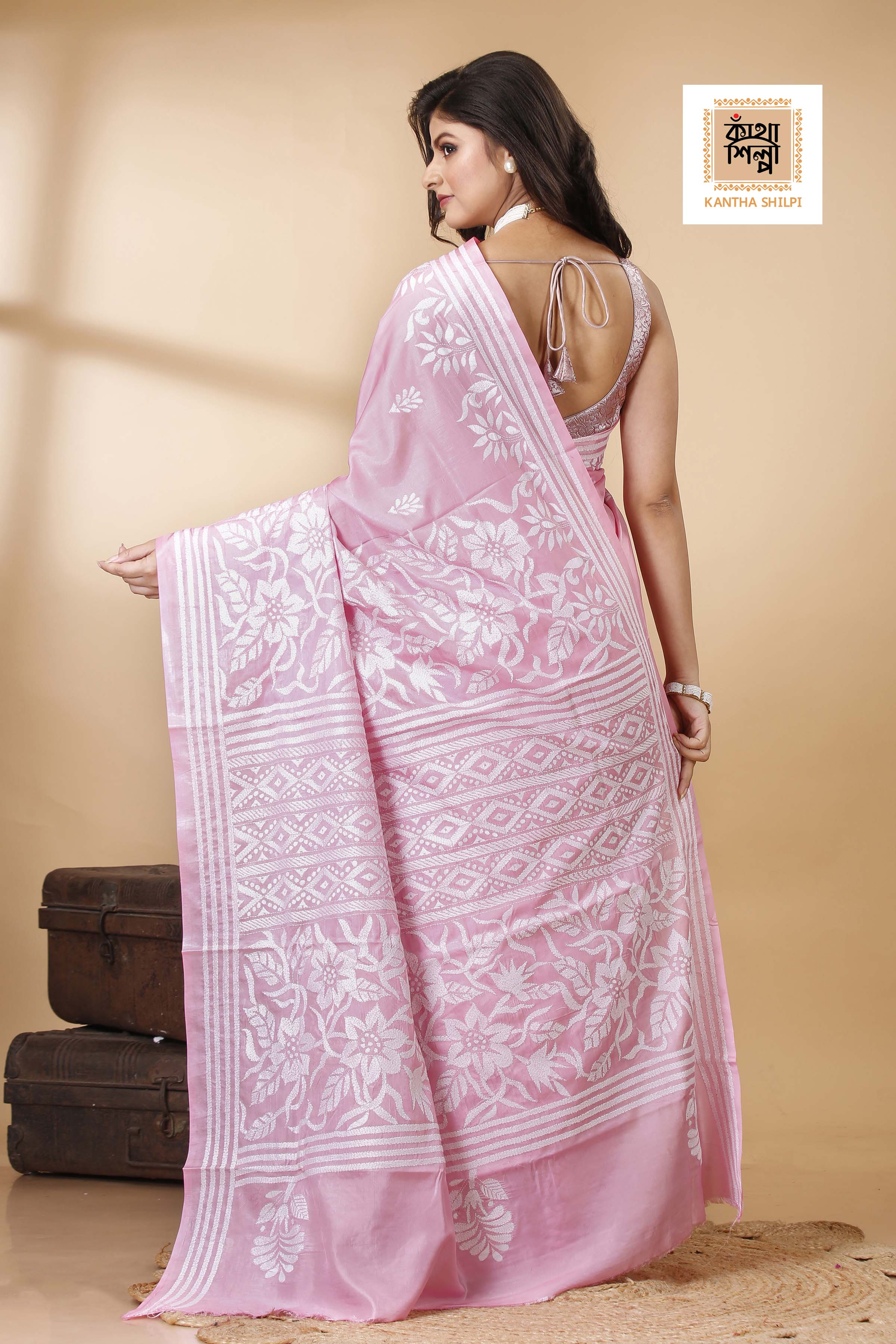 Bangalore Silk White Thread Work Floral Motif Kantha Stitch Saree