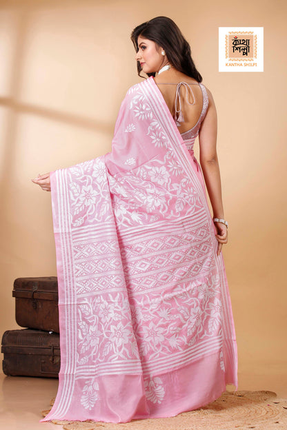 Bangalore Silk White Thread Work Floral Motif Kantha Stitch Saree