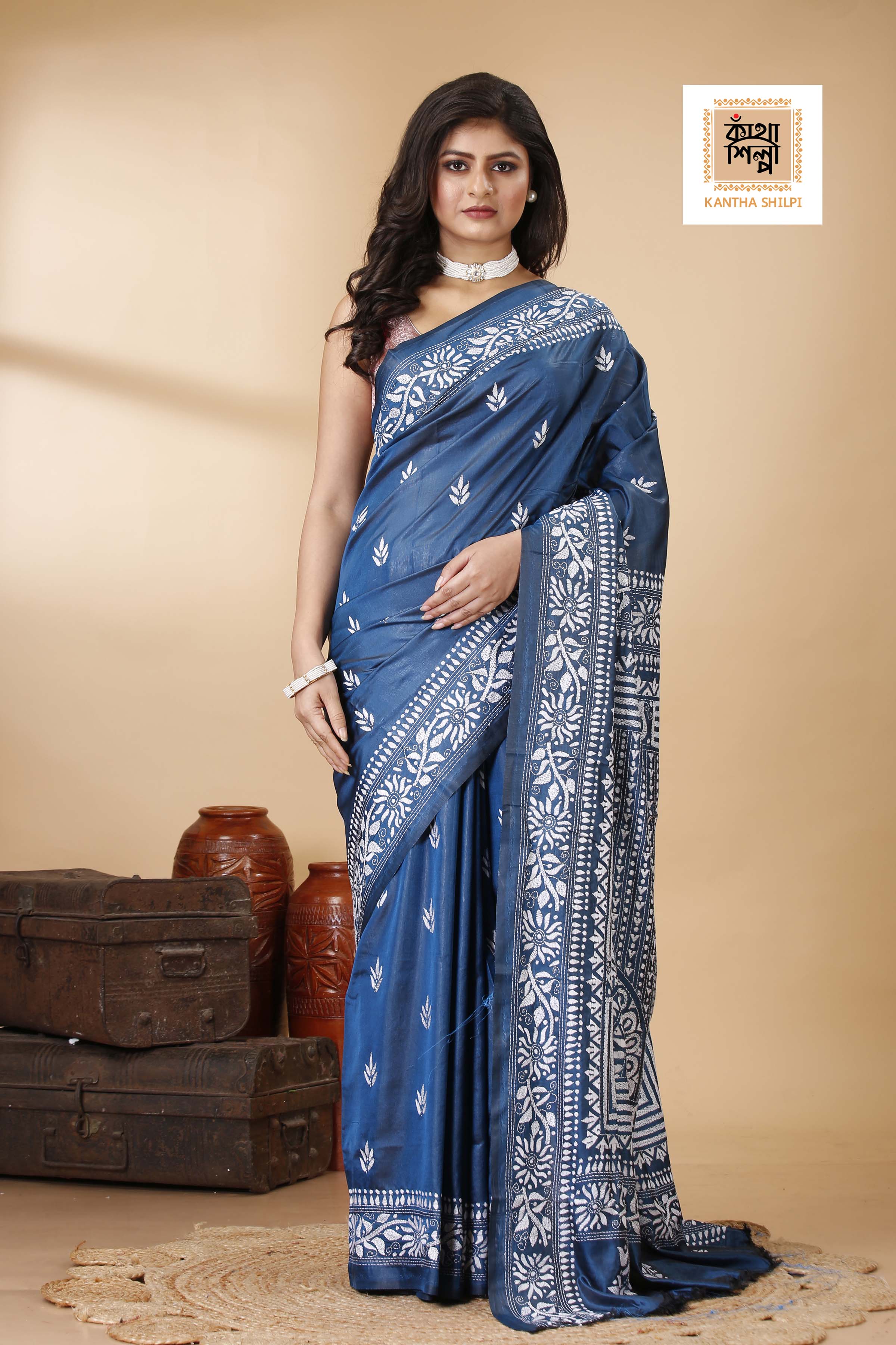 Bangalore Silk White Thread Work Kantha Stitch Saree