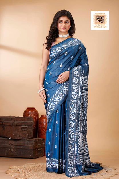Bangalore Silk White Thread Work Kantha Stitch Saree