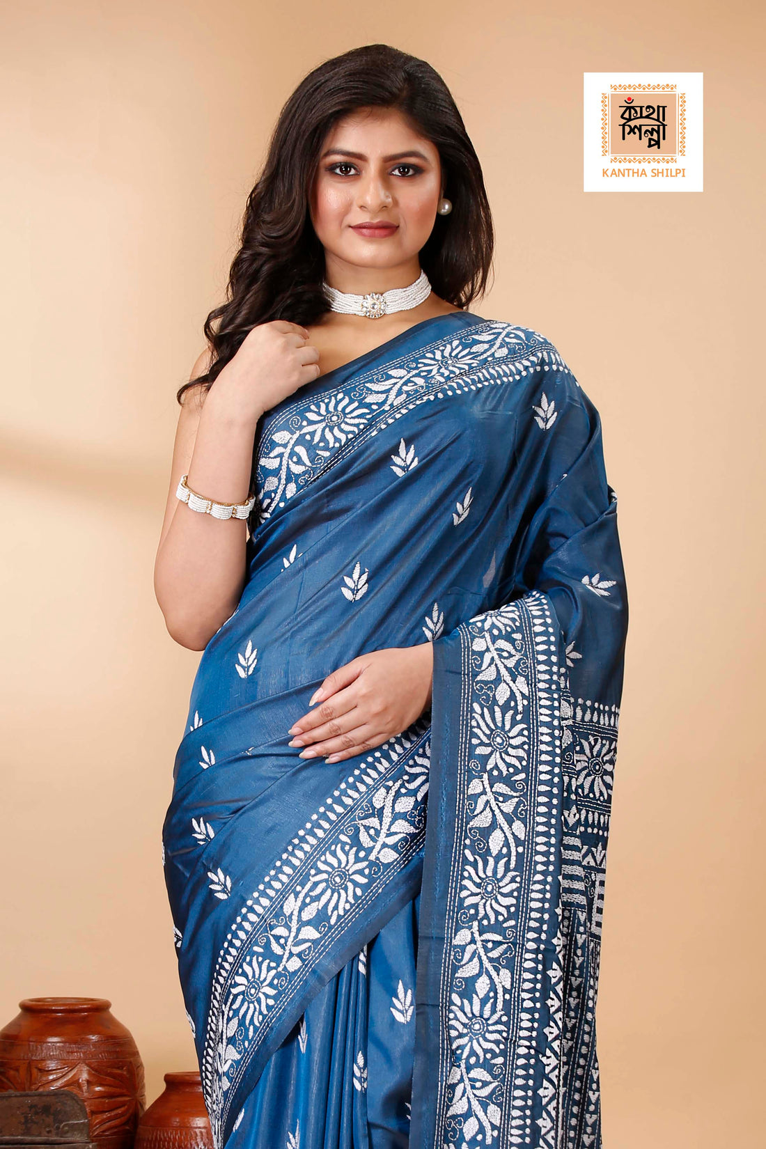 Bangalore Silk White Thread Work Kantha Stitch Saree