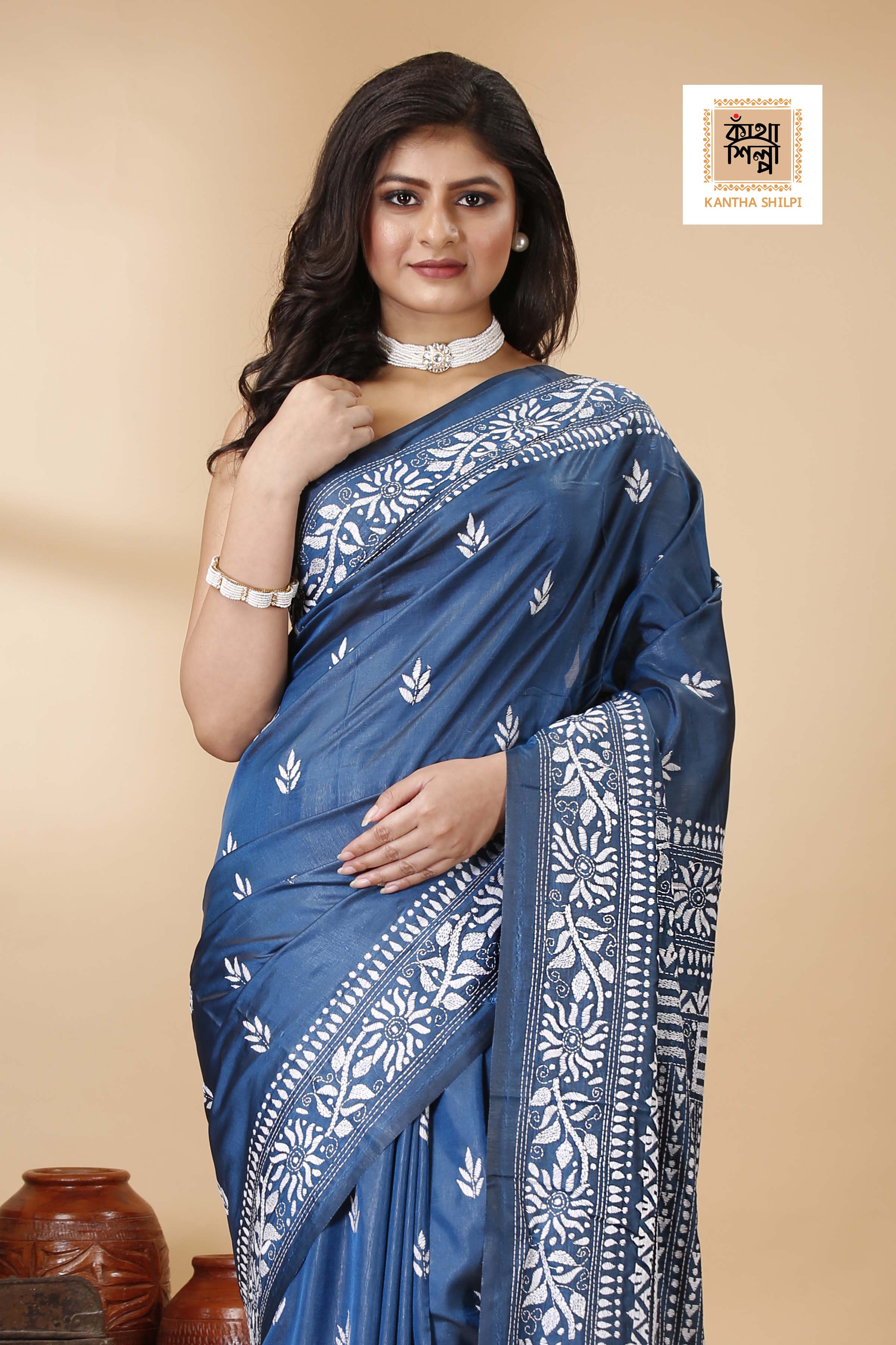 Bangalore Silk White Thread Work Kantha Stitch Saree