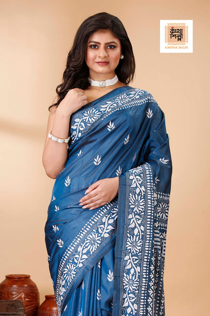 Bangalore Silk White Thread Work Kantha Stitch Saree