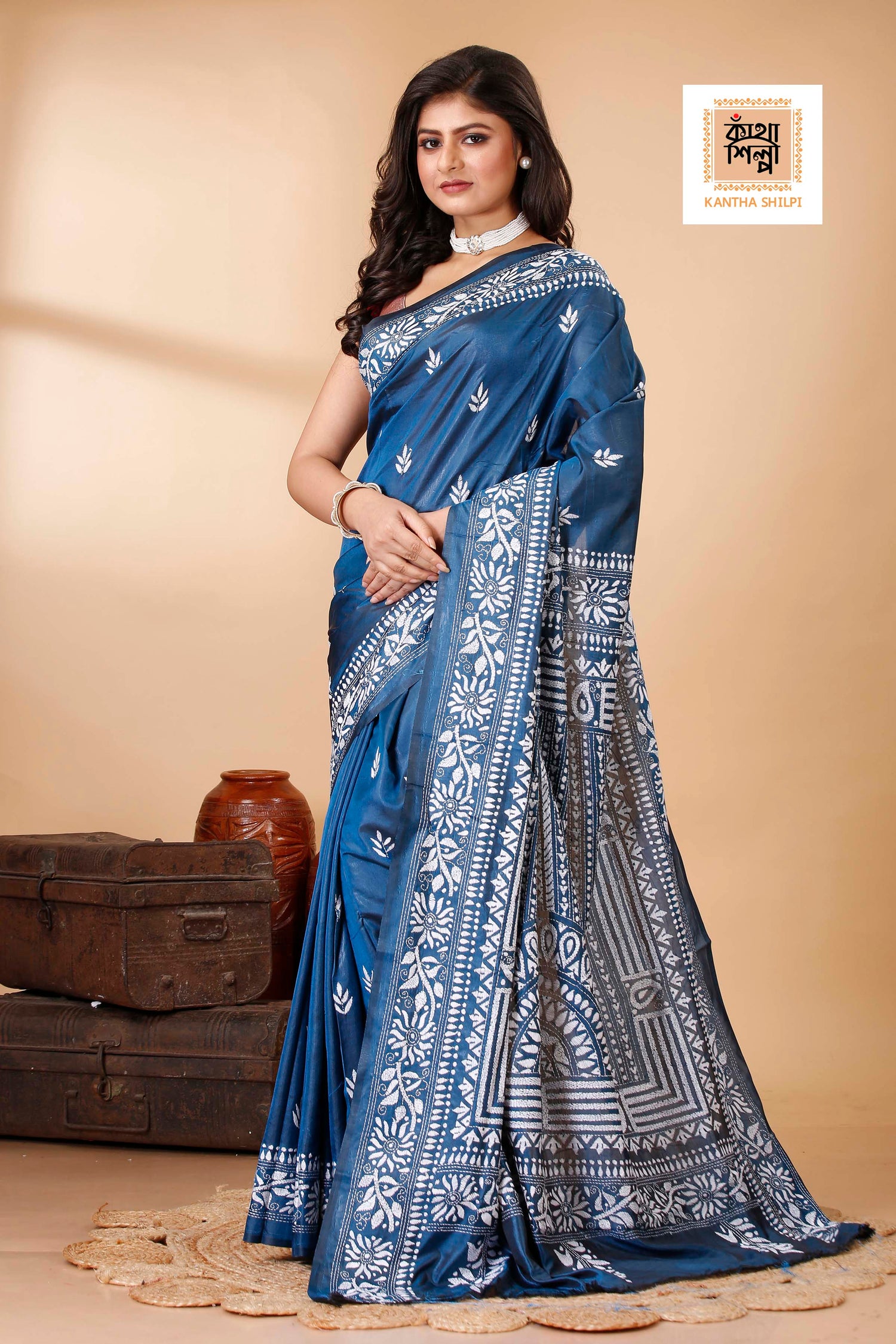 Bangalore Silk White Thread Work Kantha Stitch Saree