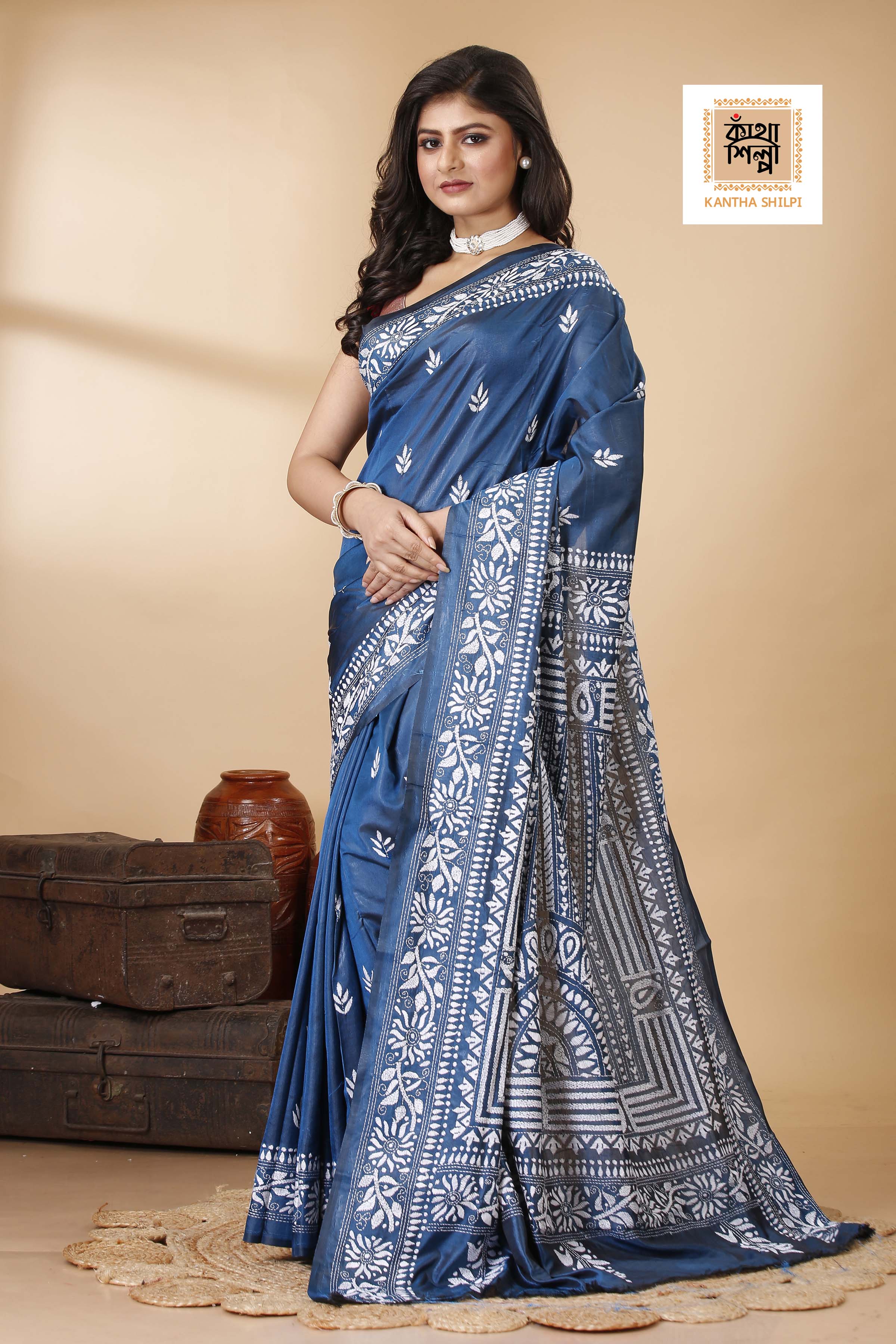 Bangalore Silk White Thread Work Kantha Stitch Saree