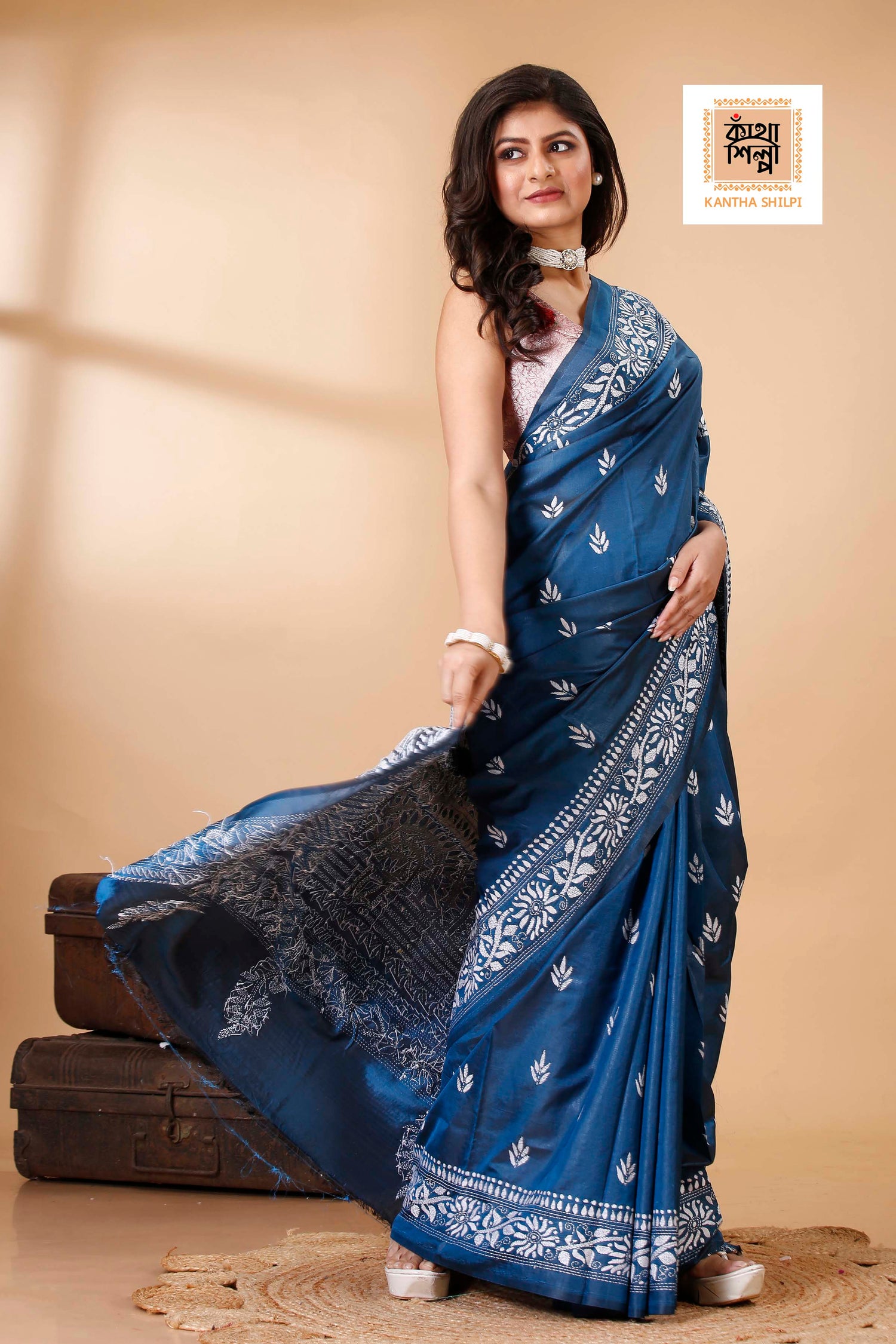 Bangalore Silk White Thread Work Kantha Stitch Saree