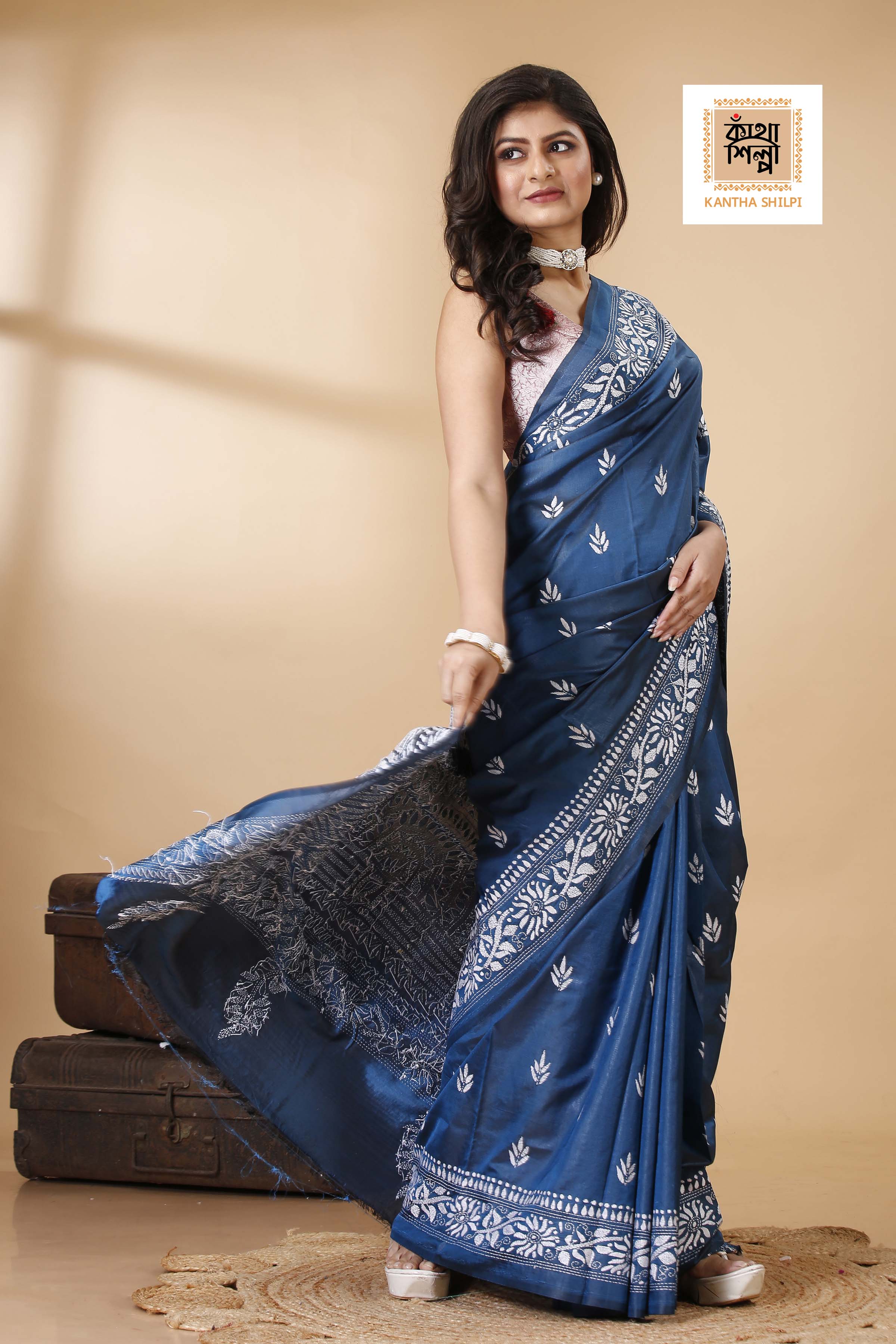 Bangalore Silk White Thread Work Kantha Stitch Saree