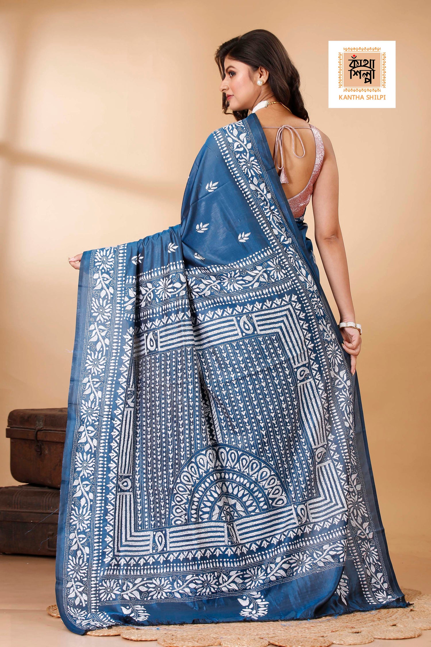 Bangalore Silk White Thread Work Kantha Stitch Saree