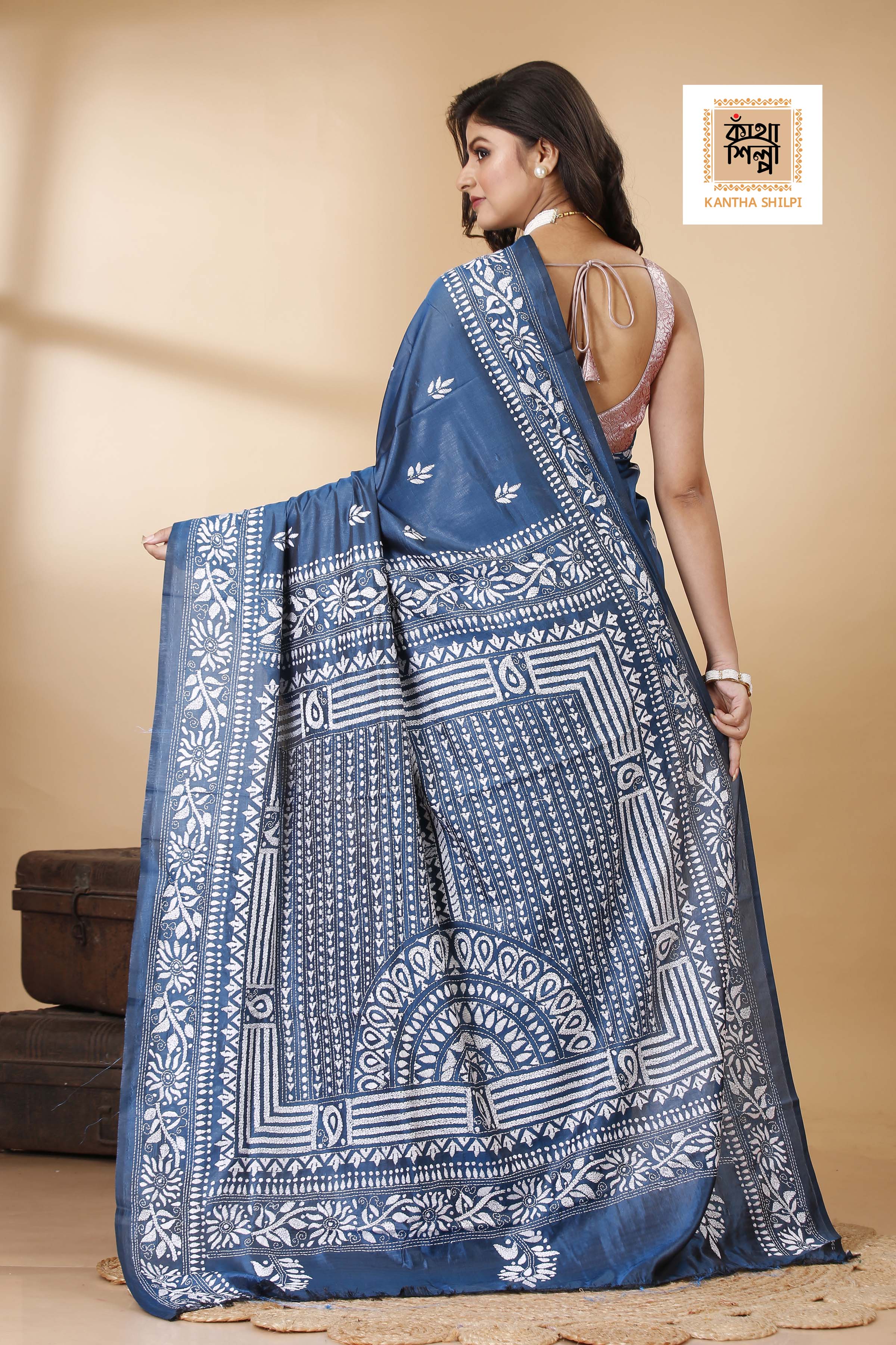 Bangalore Silk White Thread Work Kantha Stitch Saree