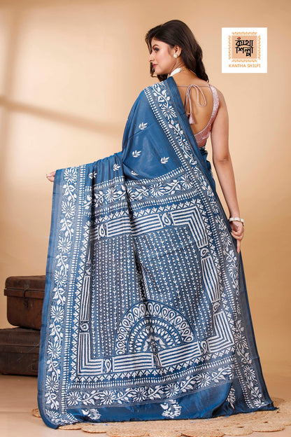 Bangalore Silk White Thread Work Kantha Stitch Saree