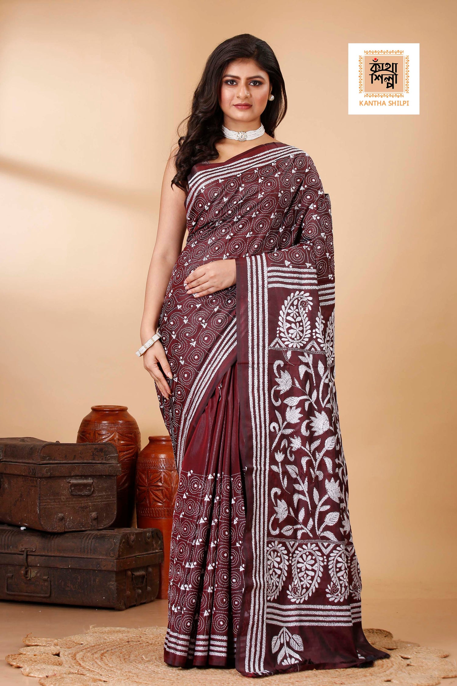 Bangalore Silk White Thread Work Floral Motif Kantha Stitch Saree