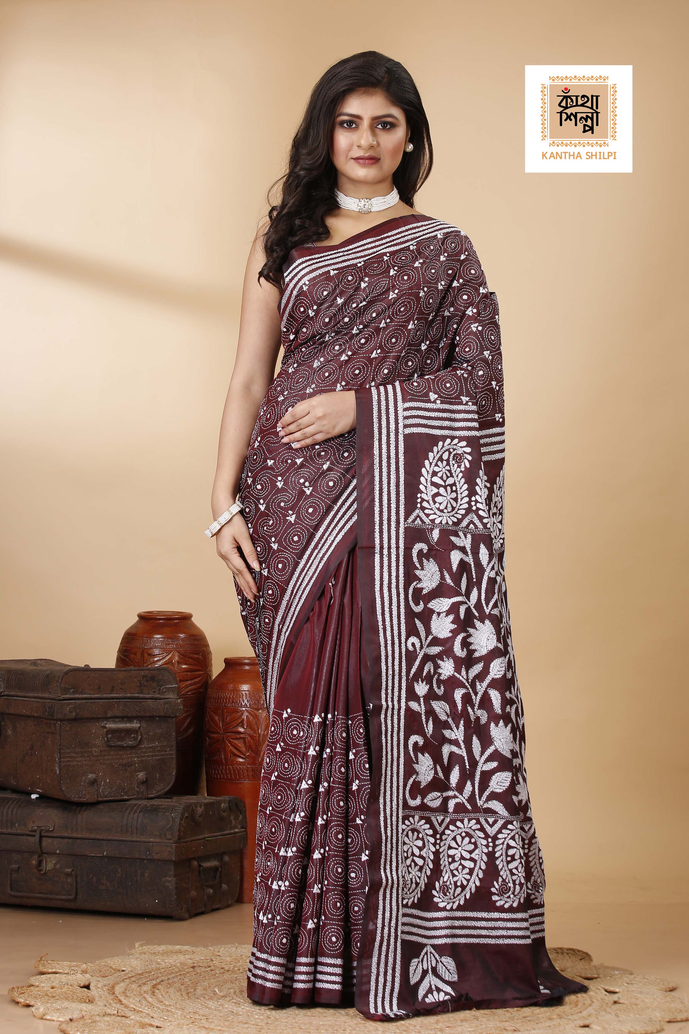 Bangalore Silk White Thread Work Floral Motif Kantha Stitch Saree