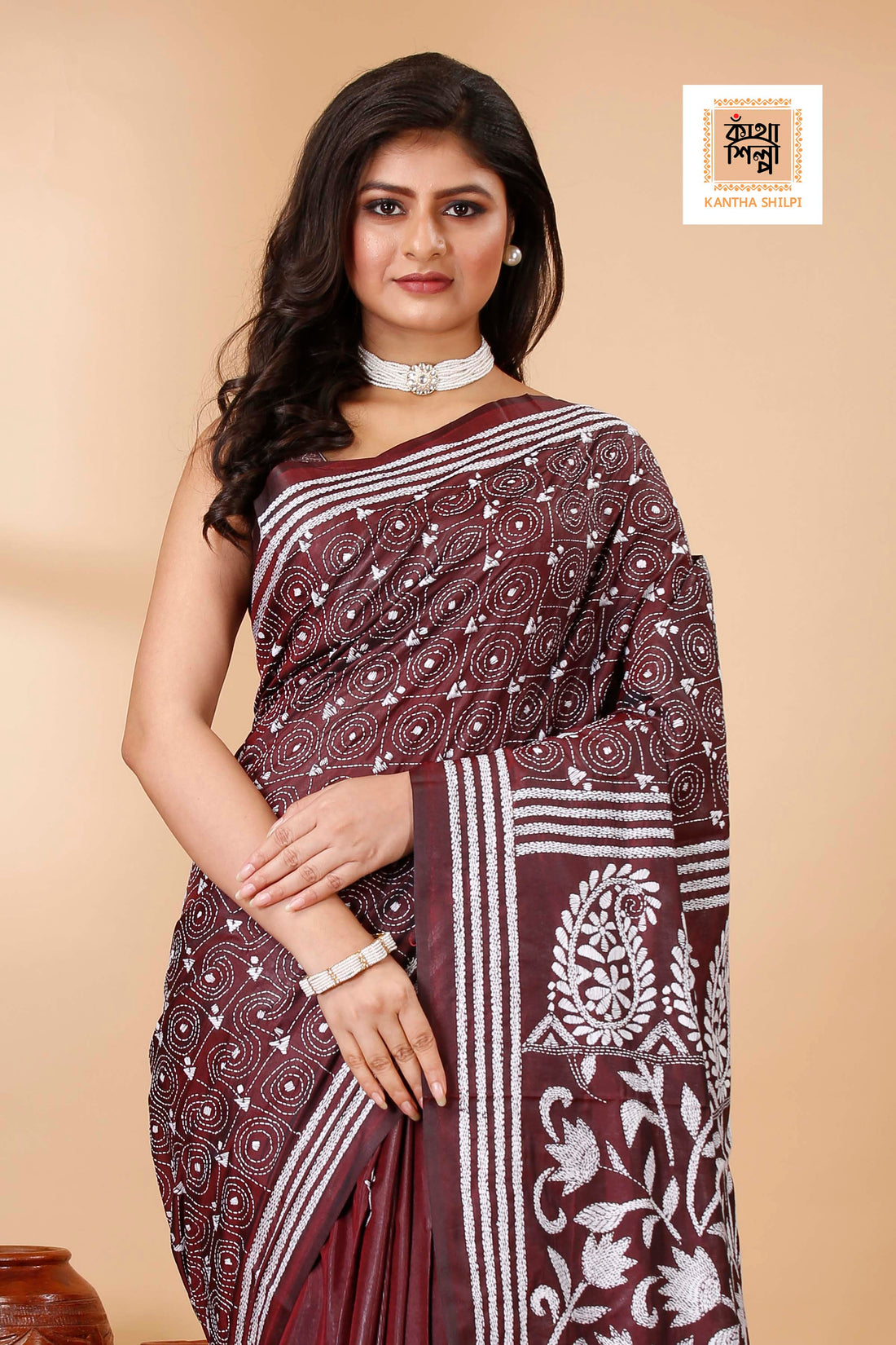 Bangalore Silk White Thread Work Floral Motif Kantha Stitch Saree
