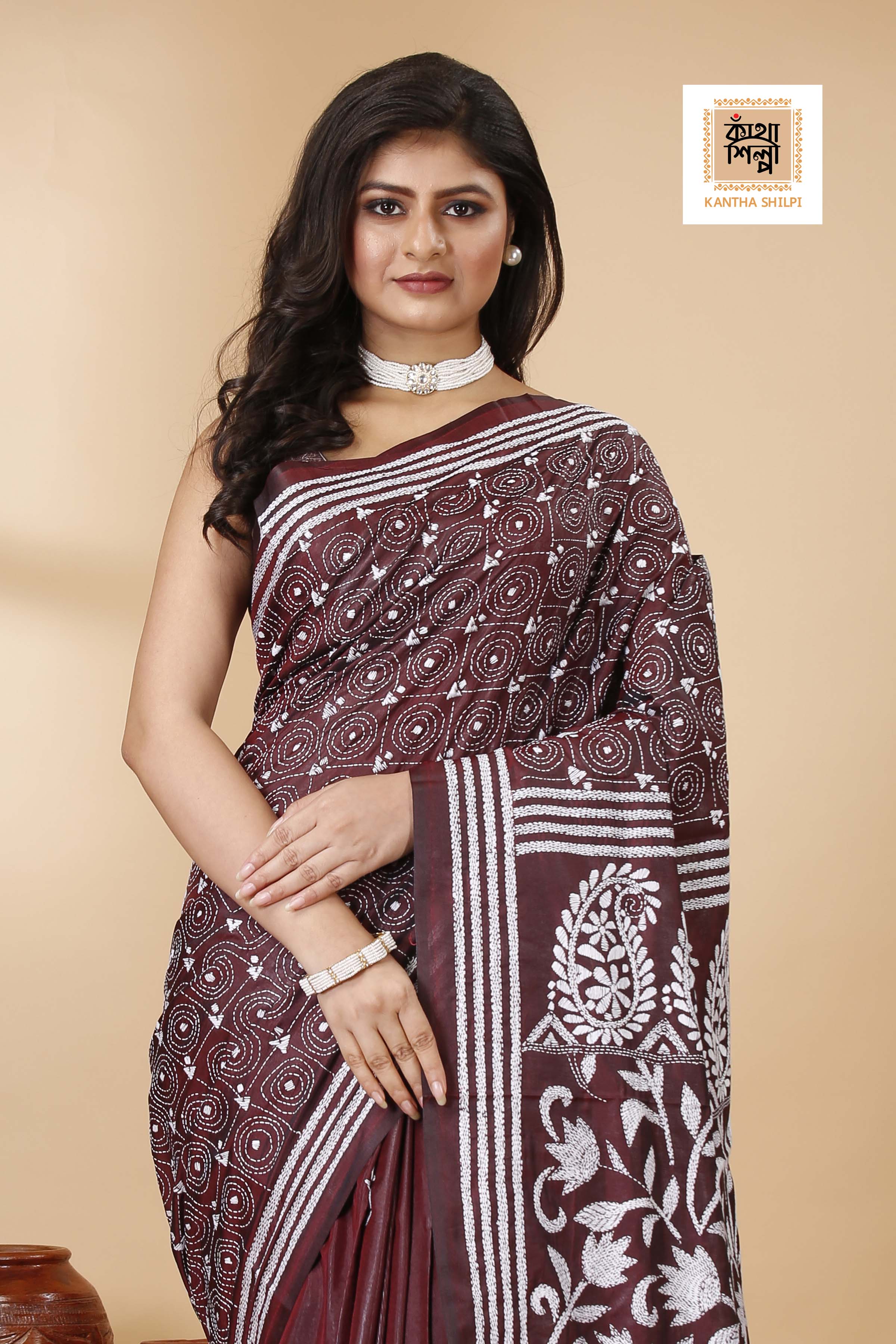 Bangalore Silk White Thread Work Floral Motif Kantha Stitch Saree