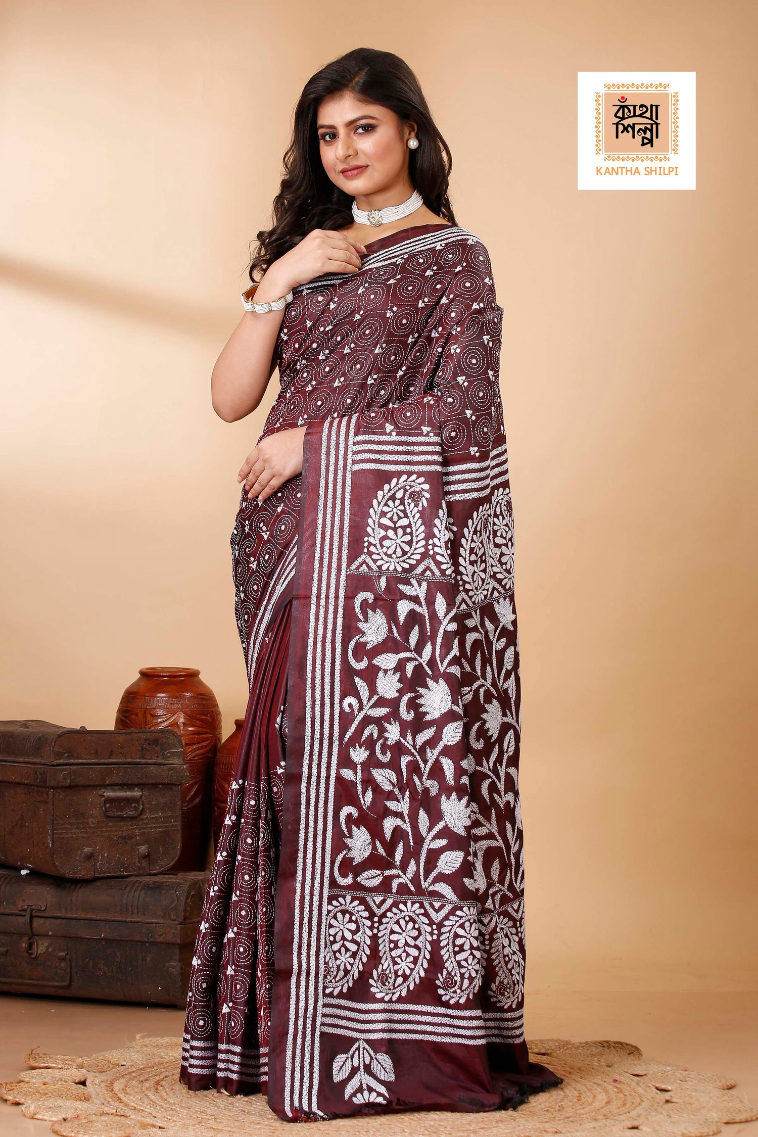 Bangalore Silk White Thread Work Floral Motif Kantha Stitch Saree