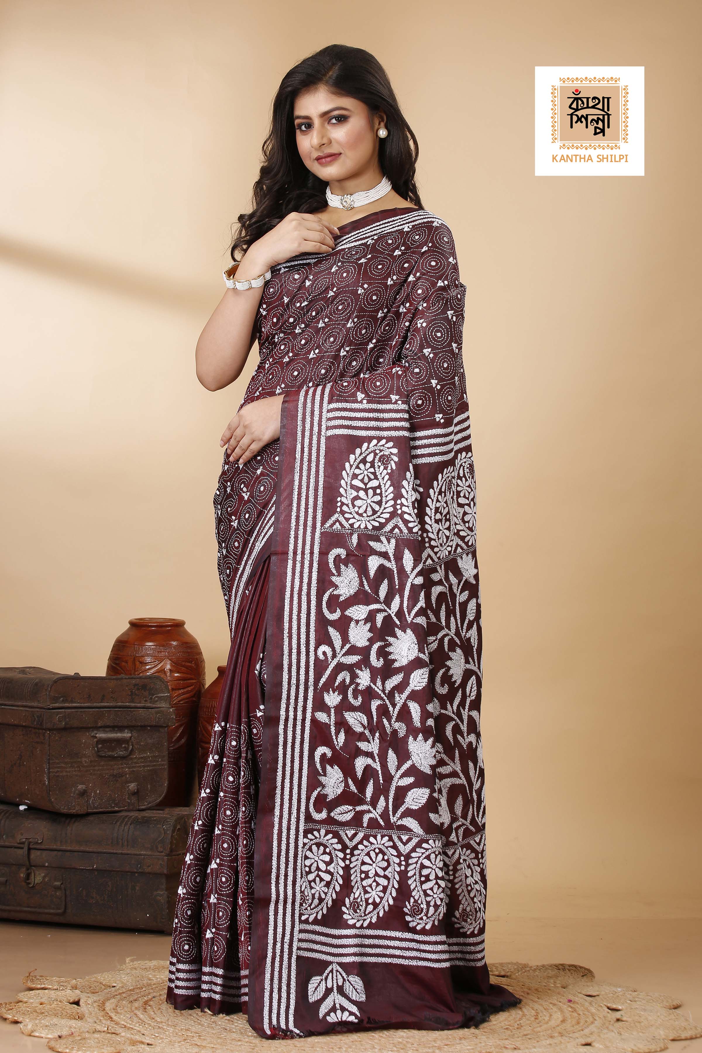 Bangalore Silk White Thread Work Floral Motif Kantha Stitch Saree
