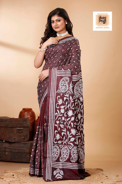 Bangalore Silk White Thread Work Floral Motif Kantha Stitch Saree