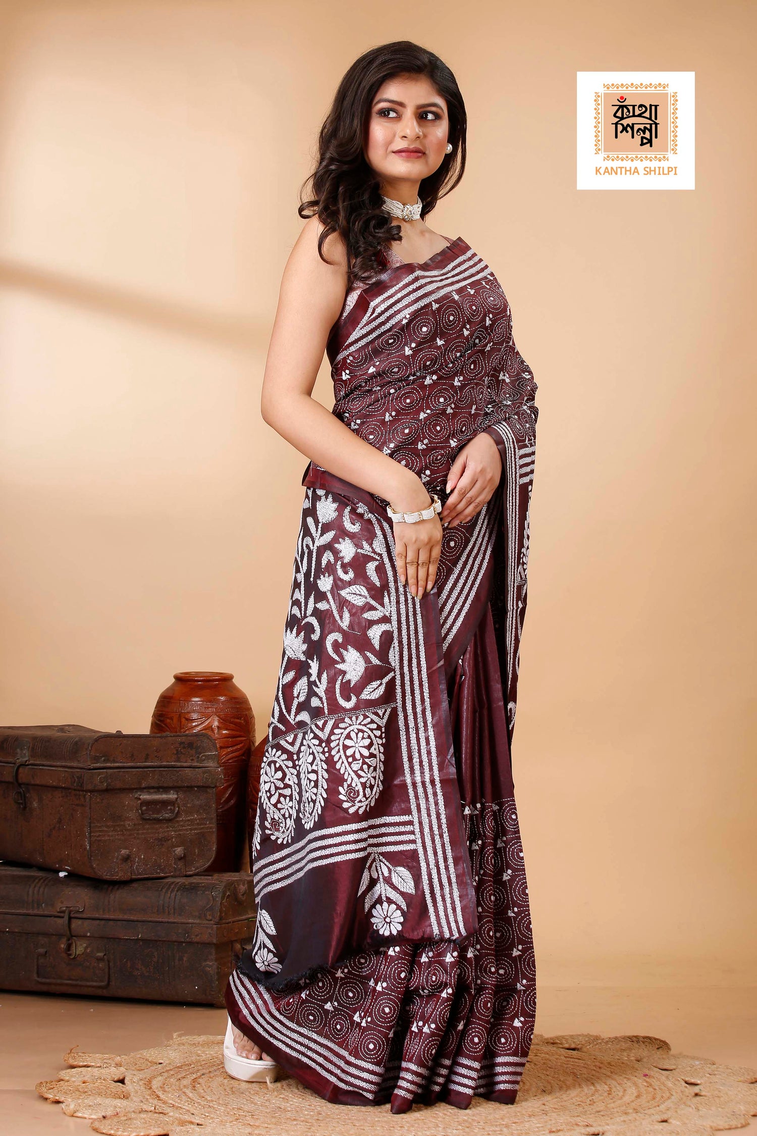 Bangalore Silk White Thread Work Floral Motif Kantha Stitch Saree