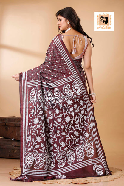 Bangalore Silk White Thread Work Floral Motif Kantha Stitch Saree