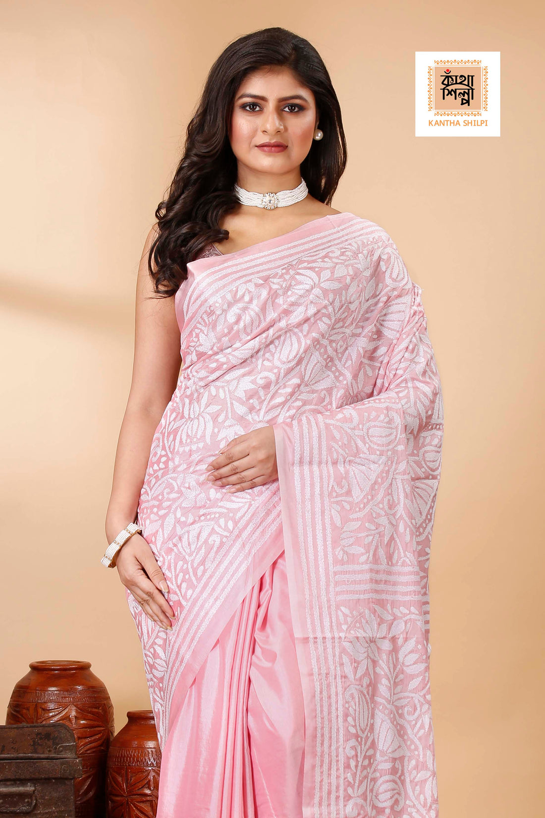 Bangalore Silk White Thread Work Lotus Motif Kantha Stitch Saree