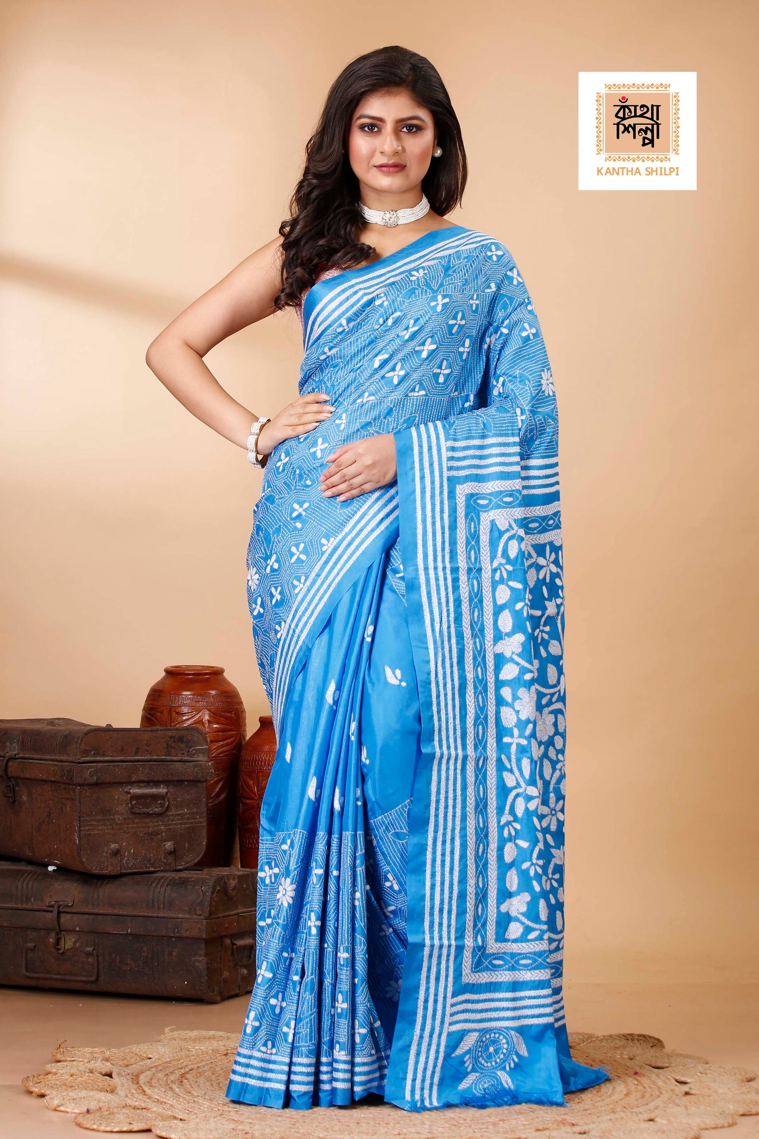 Bangalore Silk Single Thread Work Floral Motif Kantha Stitch Saree