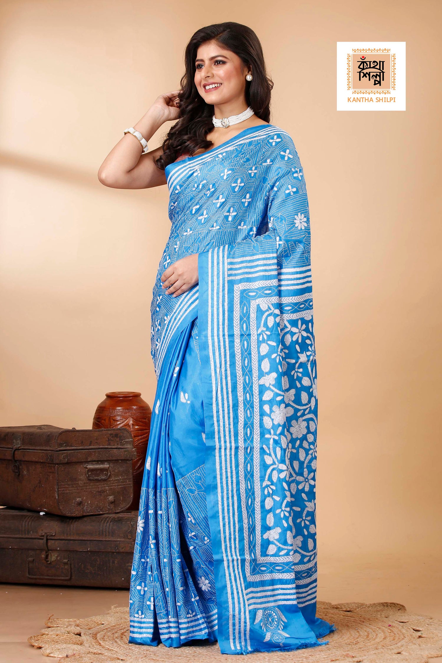 Bangalore Silk Single Thread Work Floral Motif Kantha Stitch Saree