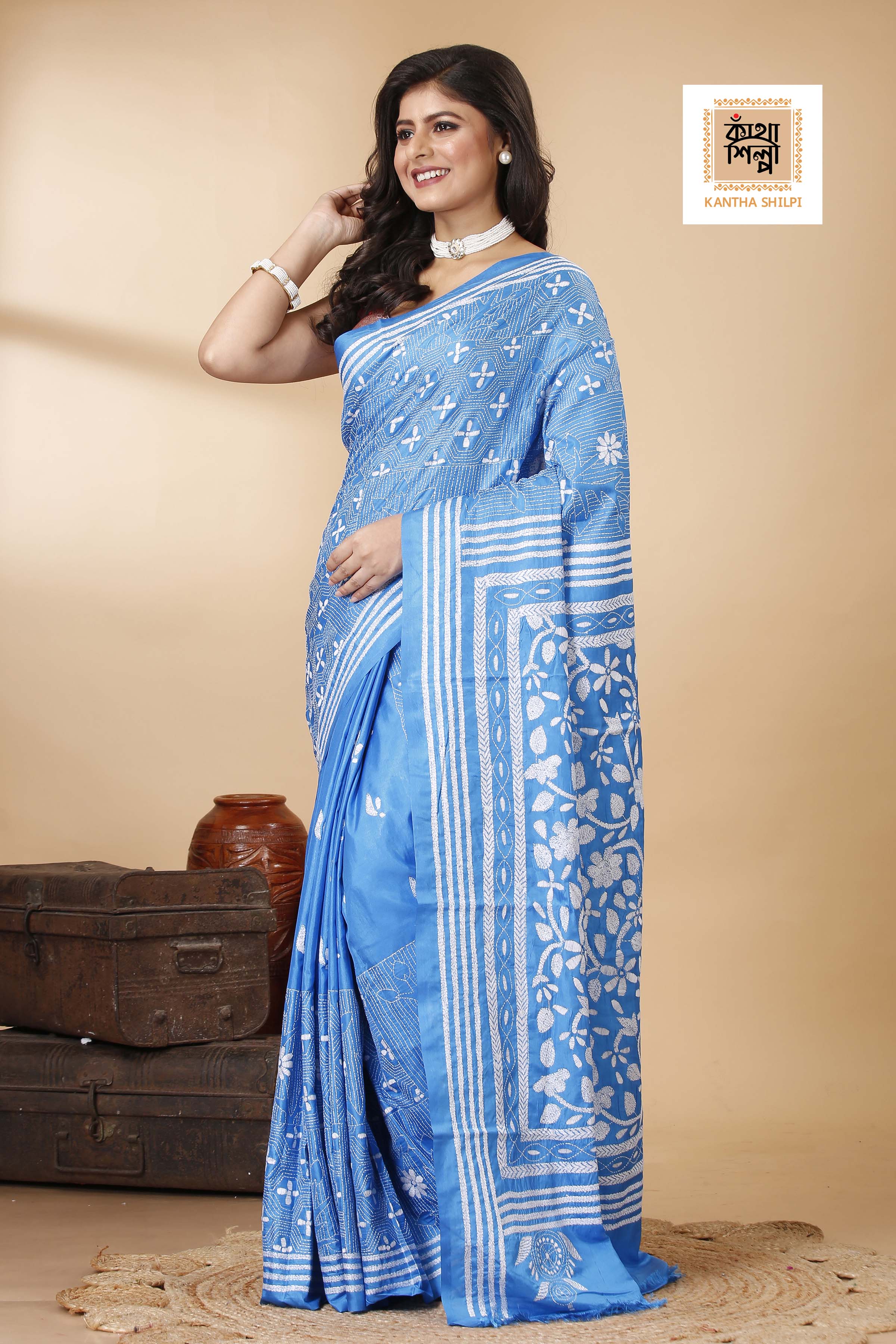 Bangalore Silk Single Thread Work Floral Motif Kantha Stitch Saree