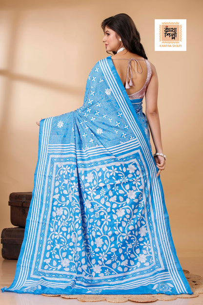 Bangalore Silk Single Thread Work Floral Motif Kantha Stitch Saree