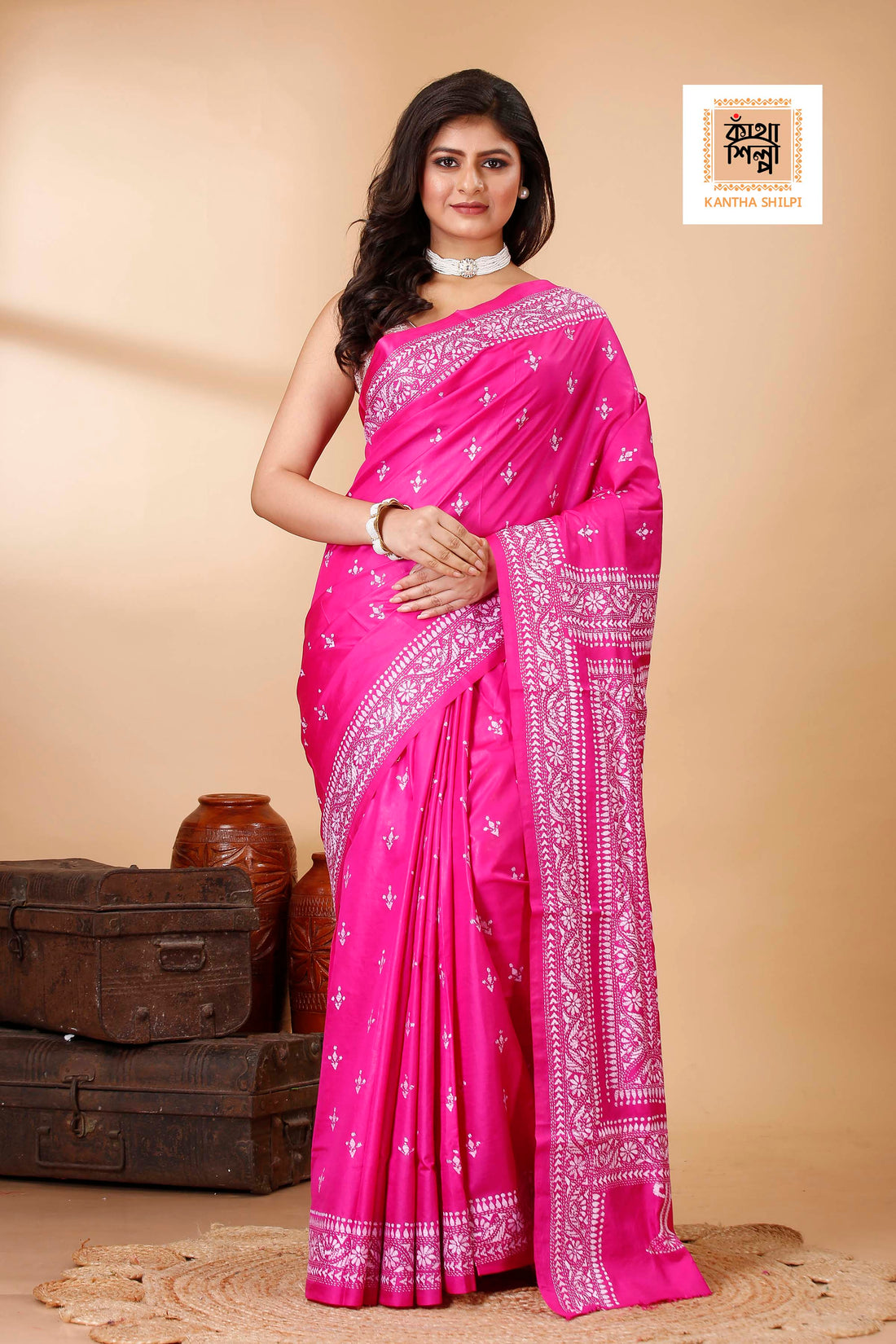Pure Bangalore Silk White Color Thread Work Floral Kantha Stitch Saree