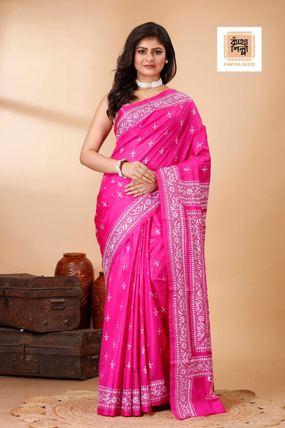 Pure Bangalore Silk White Color Thread Work Floral Kantha Stitch Saree