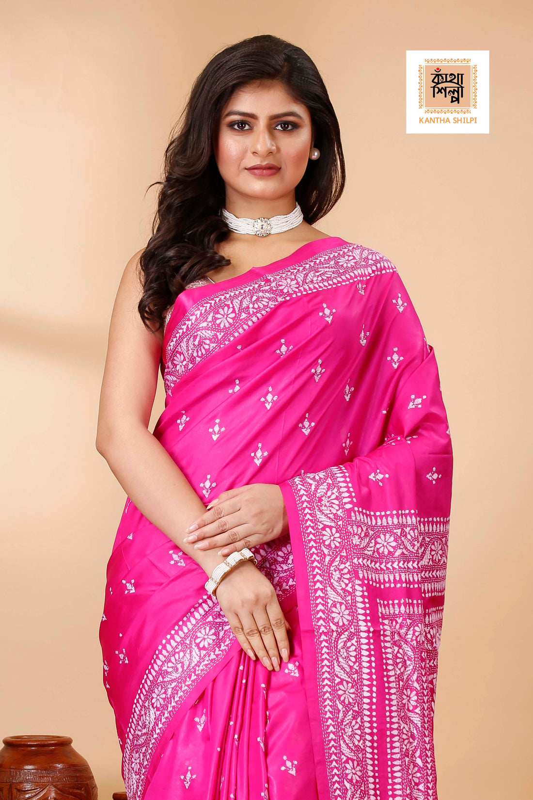 Pure Bangalore Silk White Color Thread Work Floral Kantha Stitch Saree
