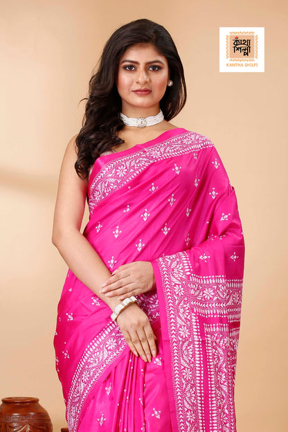 Pure Bangalore Silk White Color Thread Work Floral Kantha Stitch Saree