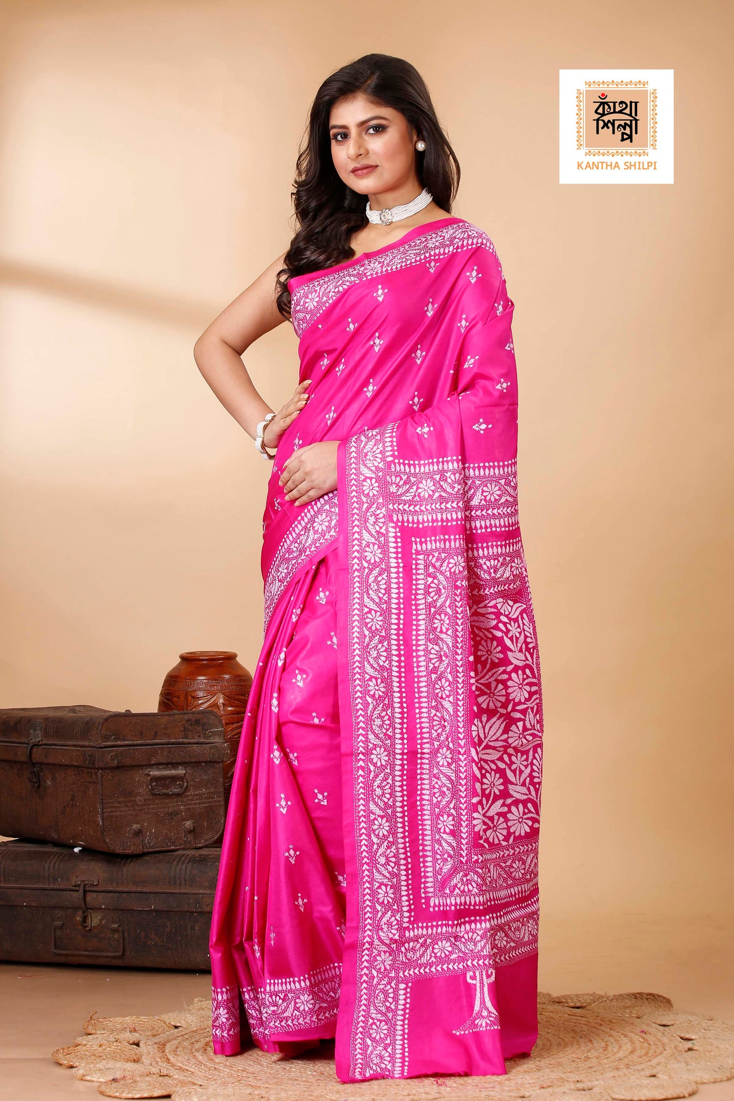 Pure Bangalore Silk White Color Thread Work Floral Kantha Stitch Saree