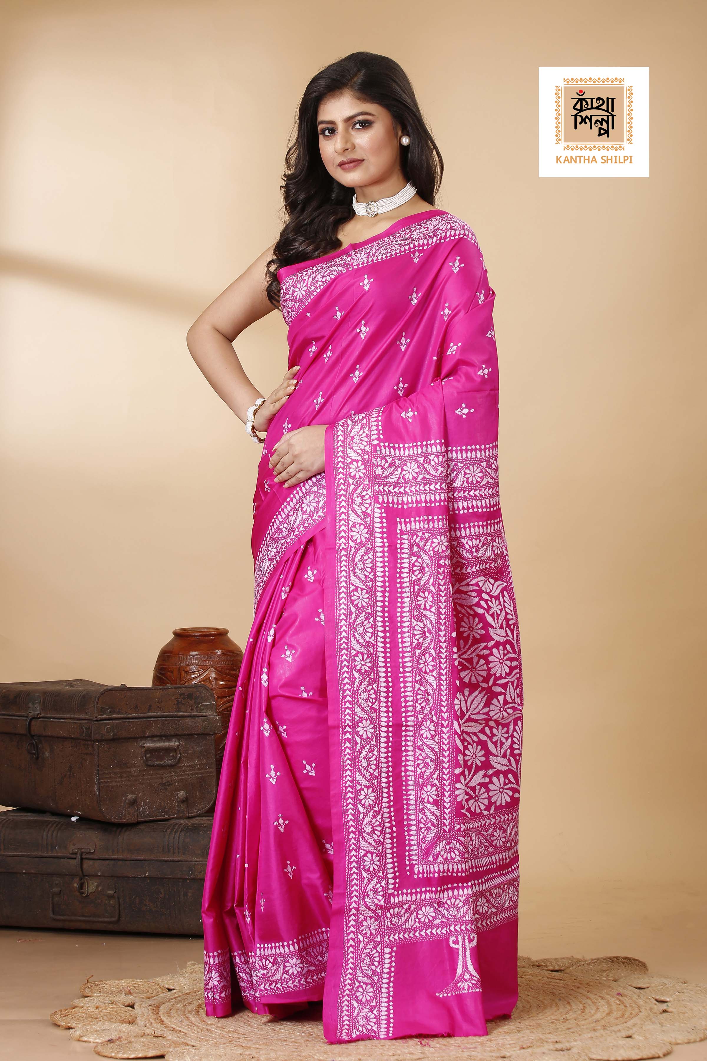 Pure Bangalore Silk White Color Thread Work Floral Kantha Stitch Saree