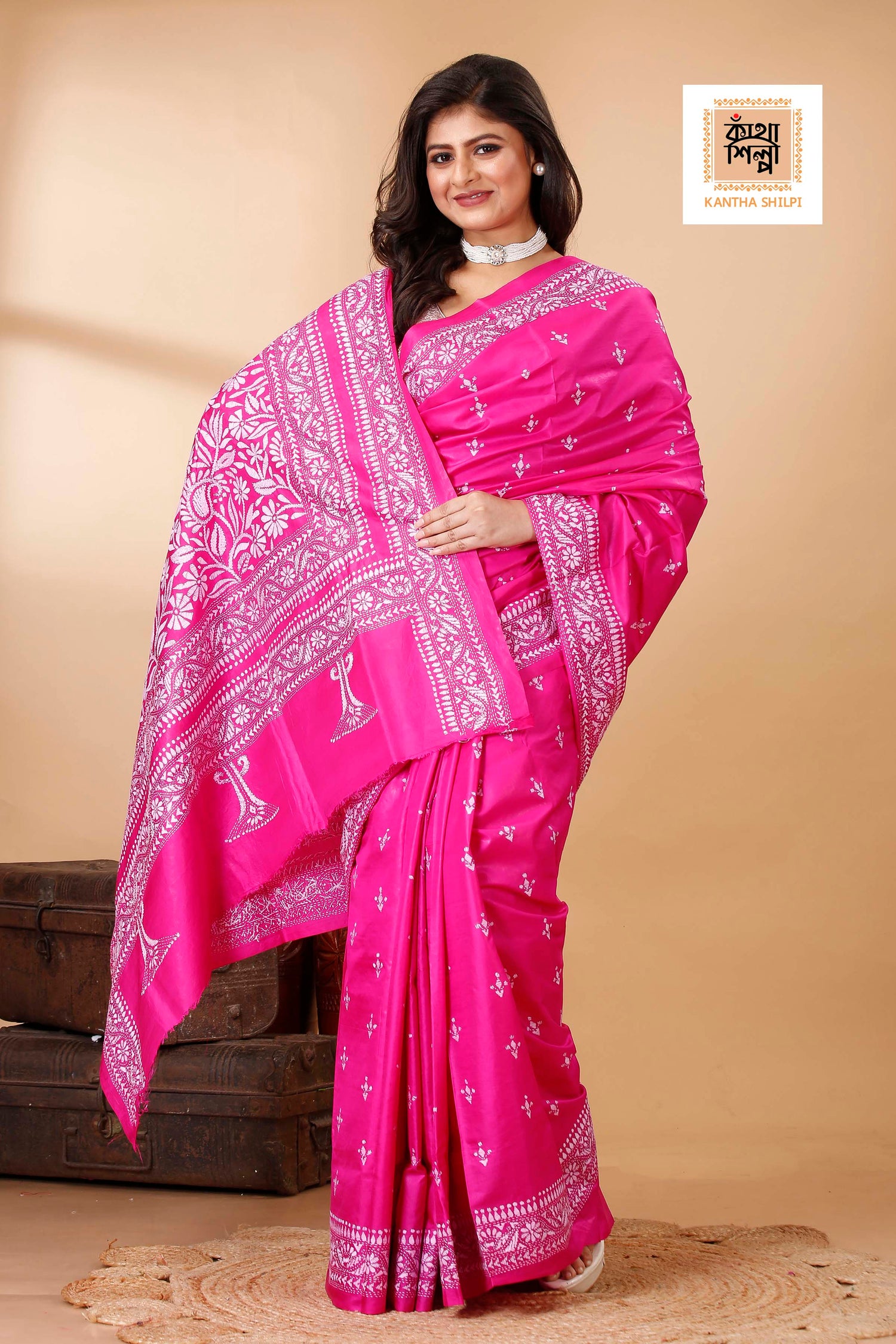 Pure Bangalore Silk White Color Thread Work Floral Kantha Stitch Saree