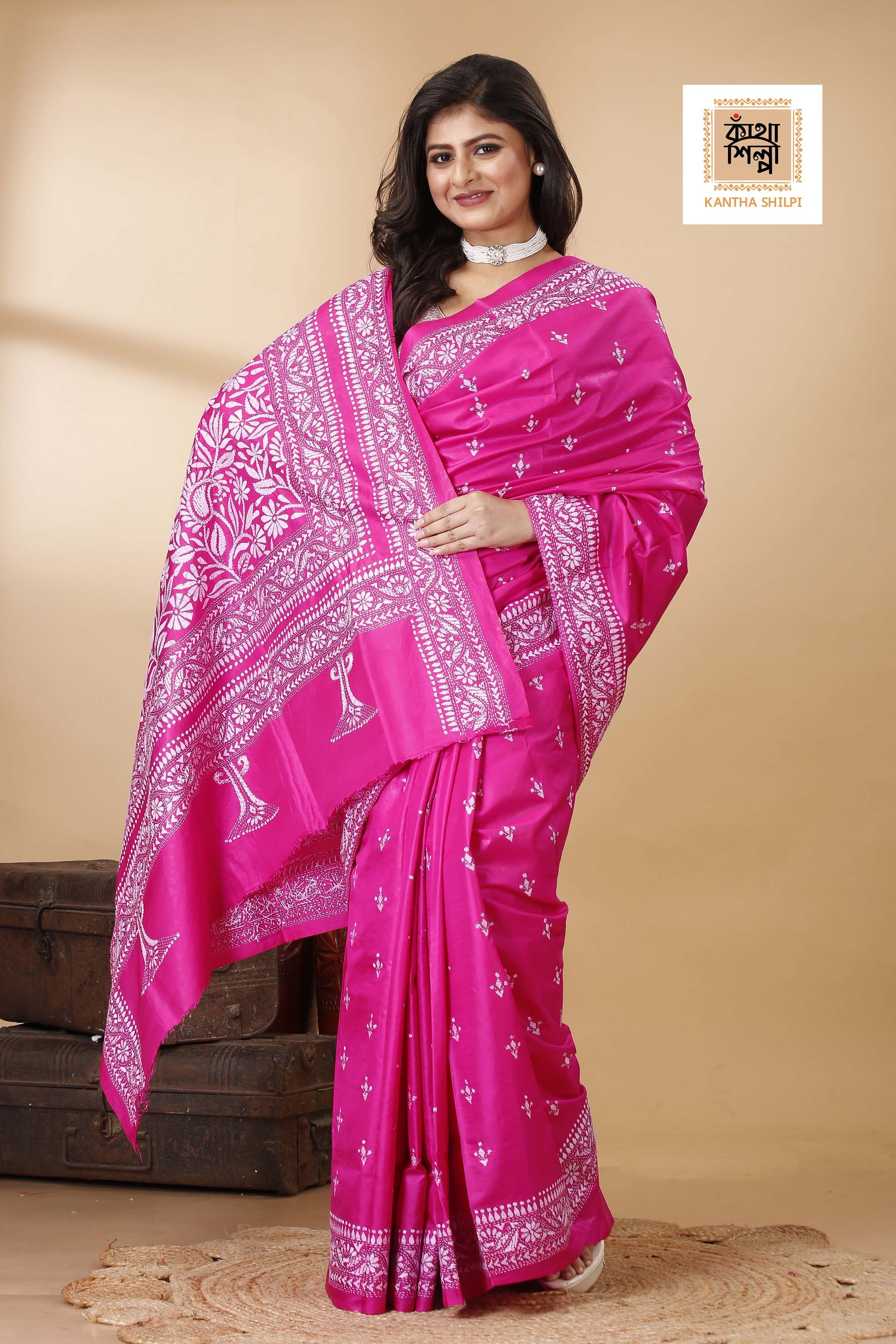 Pure Bangalore Silk White Color Thread Work Floral Kantha Stitch Saree