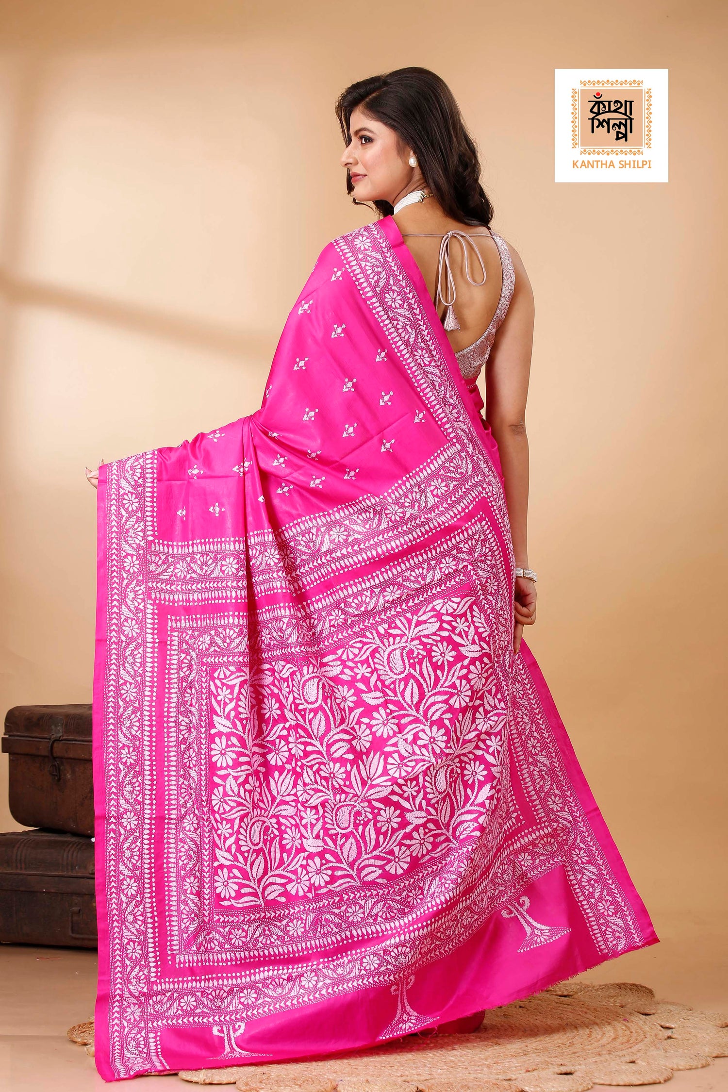 Pure Bangalore Silk White Color Thread Work Floral Kantha Stitch Saree