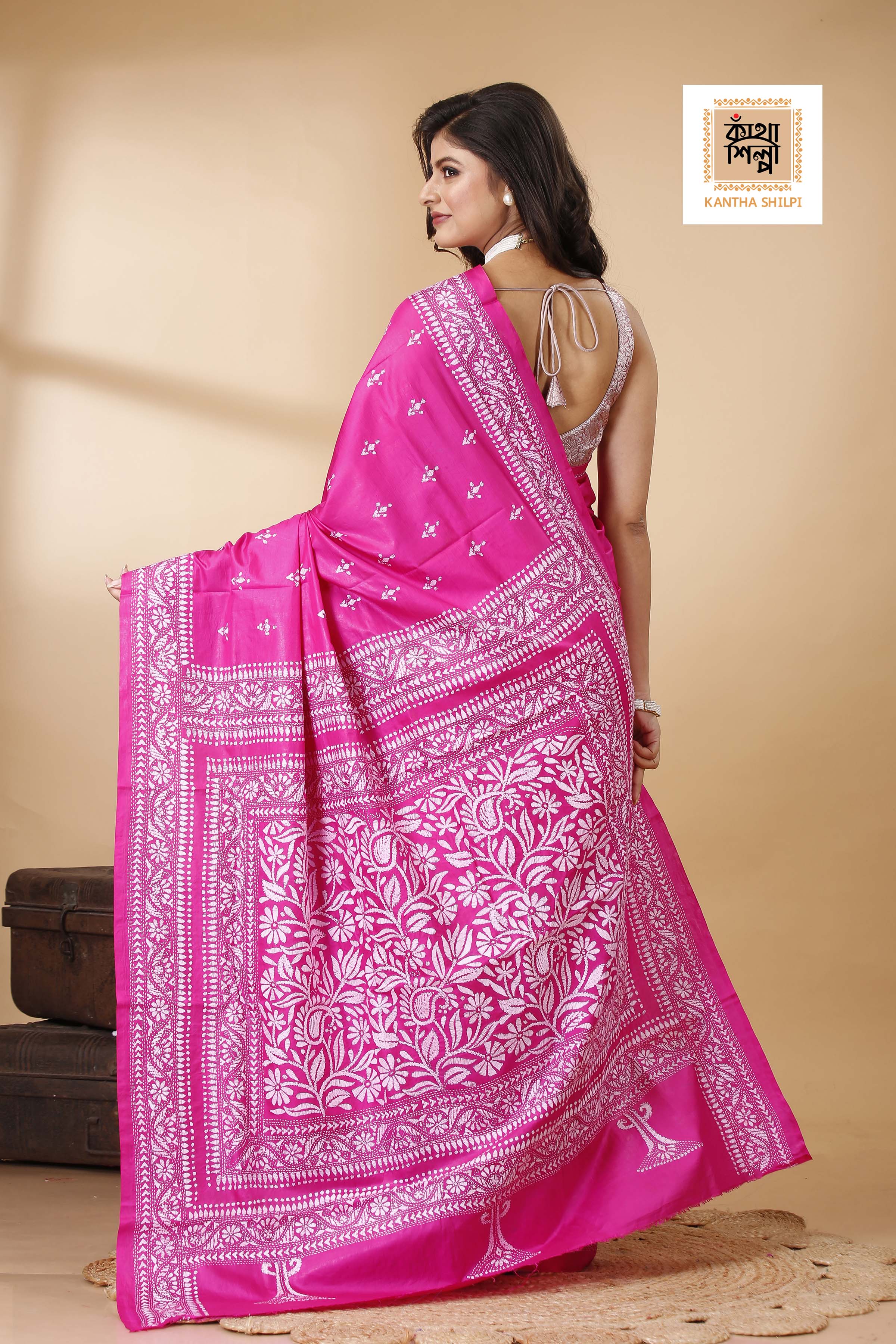 Pure Bangalore Silk White Color Thread Work Floral Kantha Stitch Saree