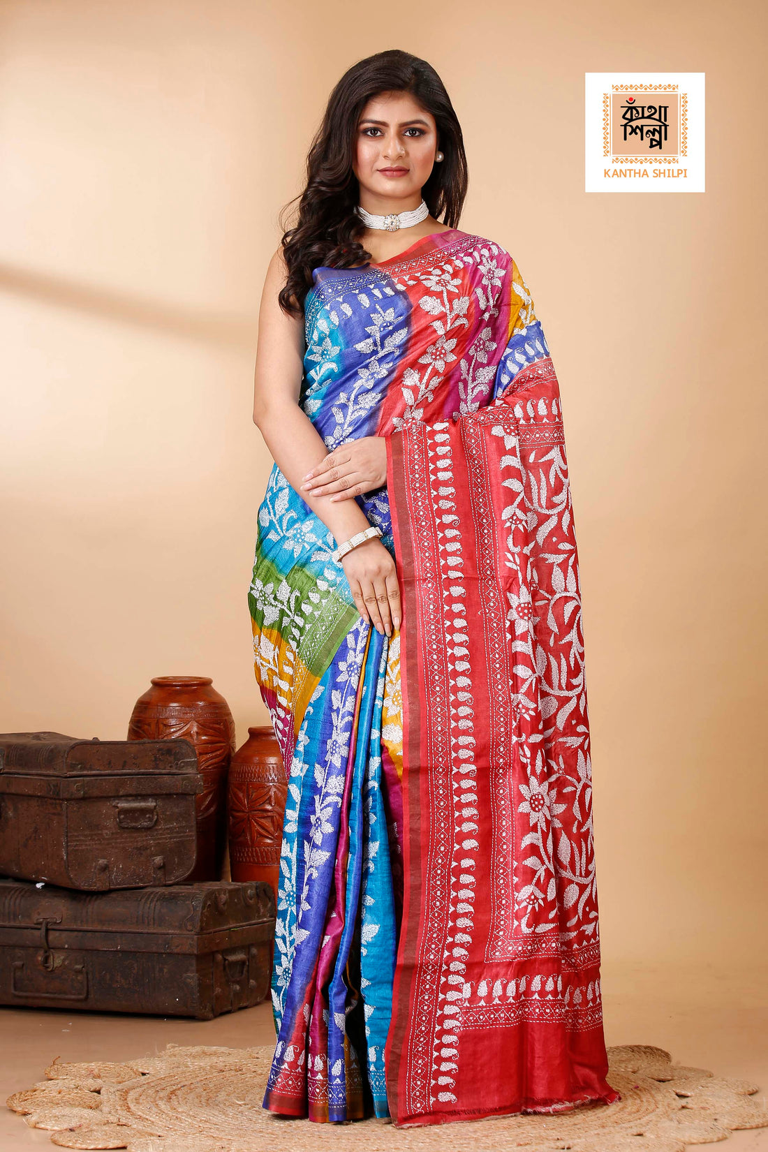 Renbow Color Dye Tussar White Color Thread Work Floral Motif Kantha Stitch Saree