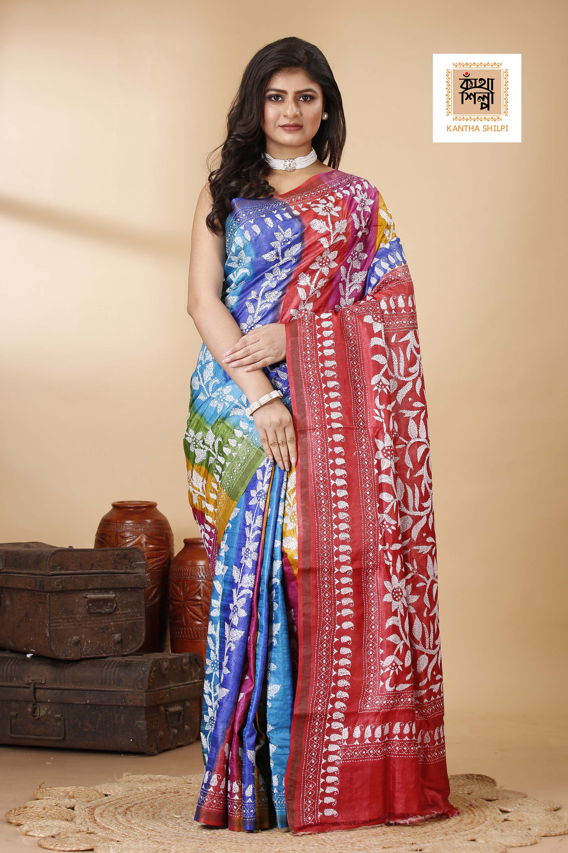 Renbow Color Dye Tussar White Color Thread Work Floral Motif Kantha Stitch Saree