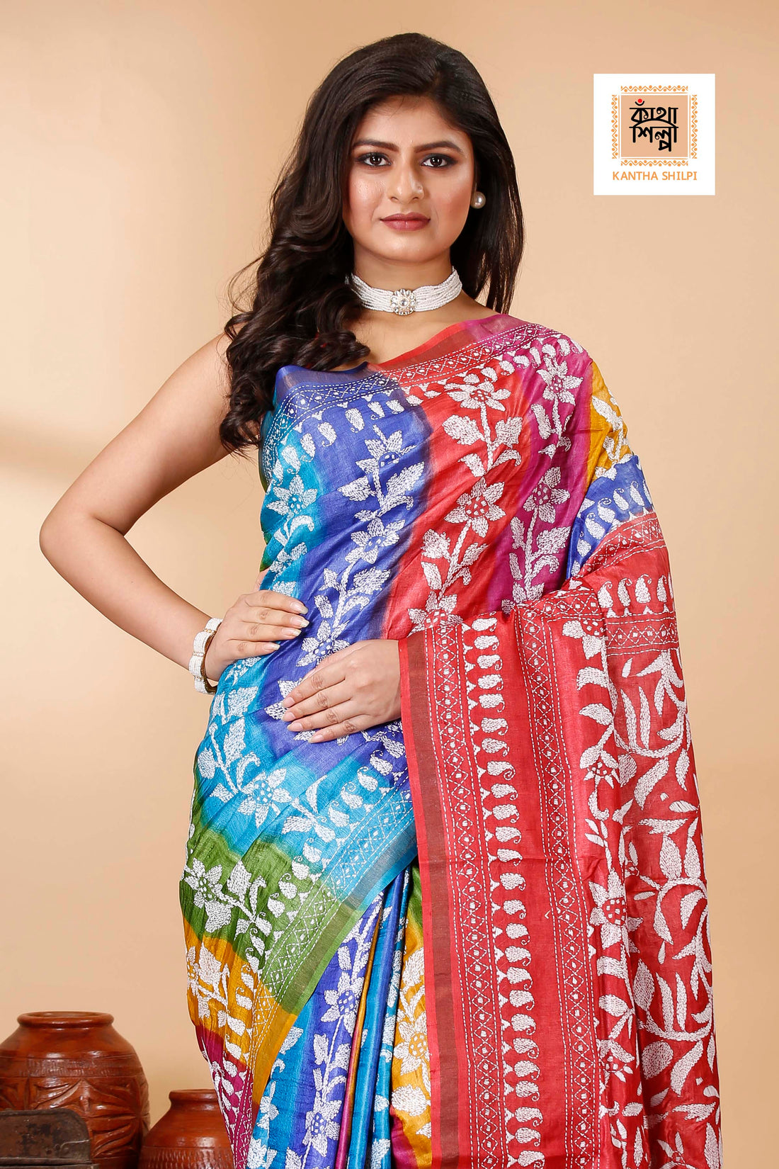 Renbow Color Dye Tussar White Color Thread Work Floral Motif Kantha Stitch Saree