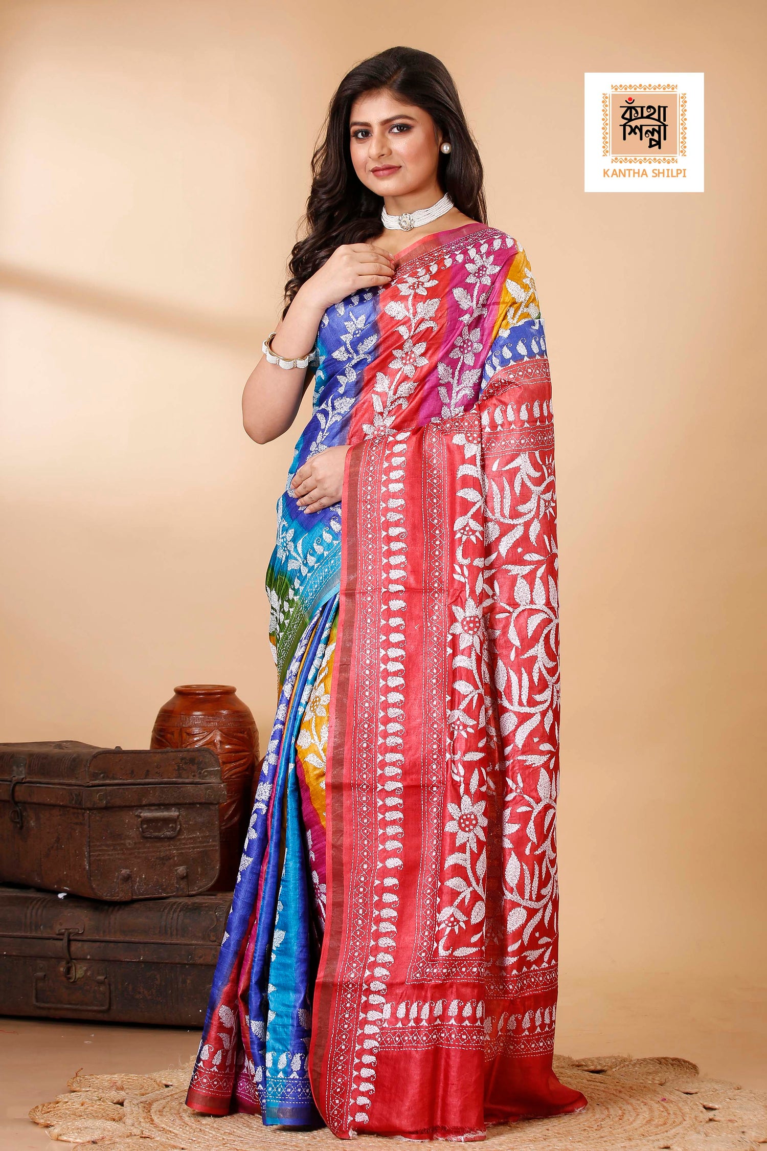 Renbow Color Dye Tussar White Color Thread Work Floral Motif Kantha Stitch Saree