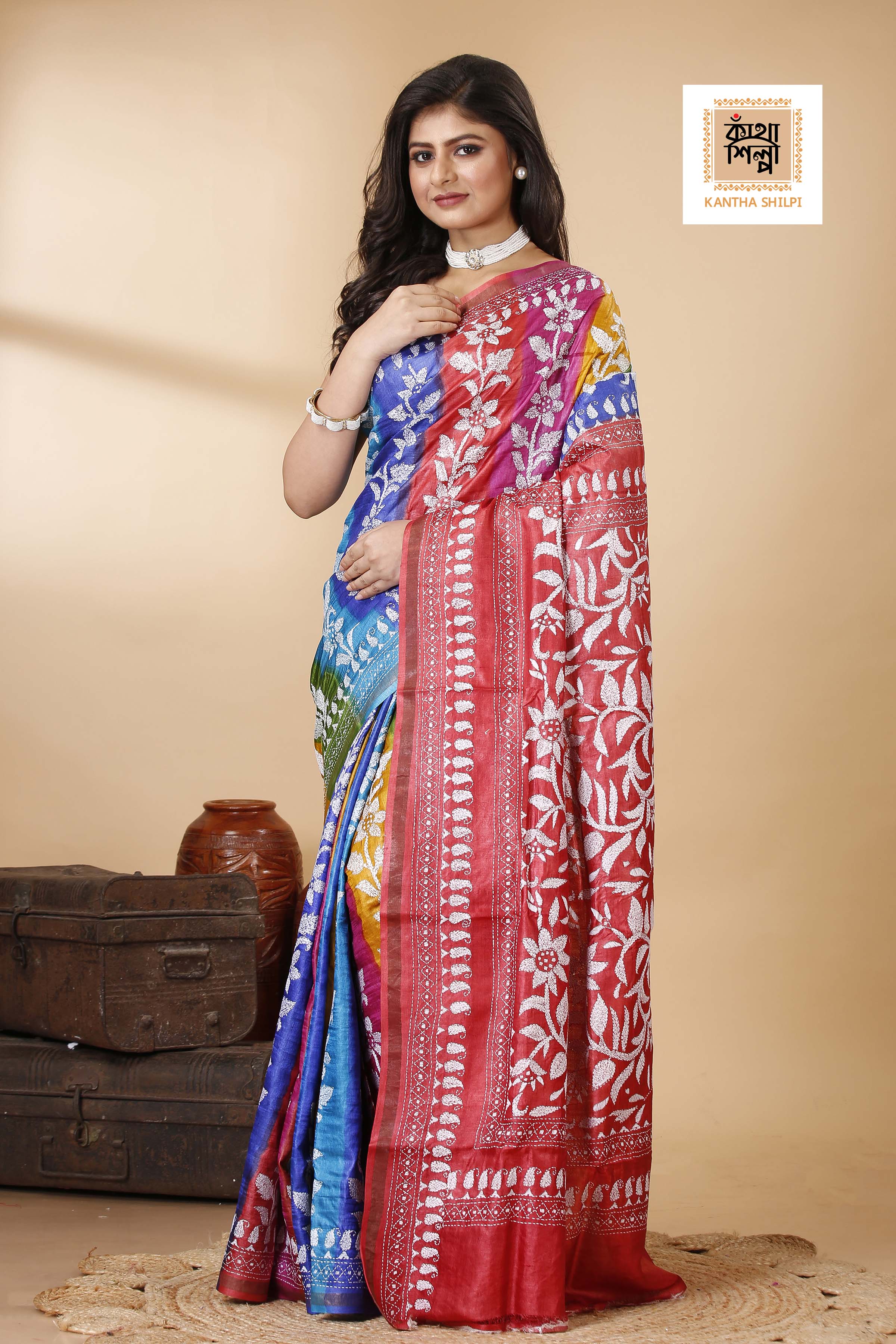 Renbow Color Dye Tussar White Color Thread Work Floral Motif Kantha Stitch Saree